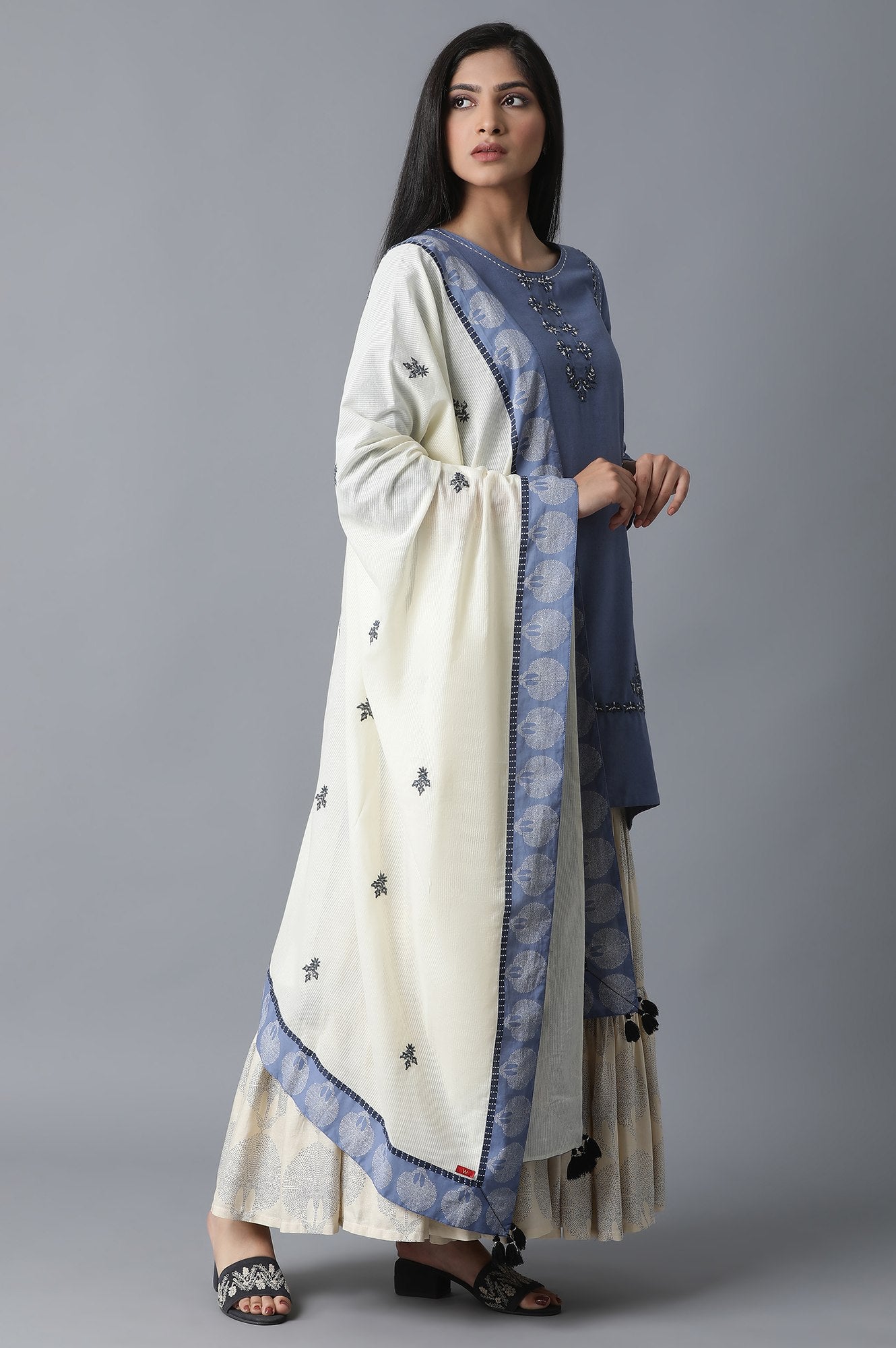 Blue kurta-Printed Sharara-Drape Set