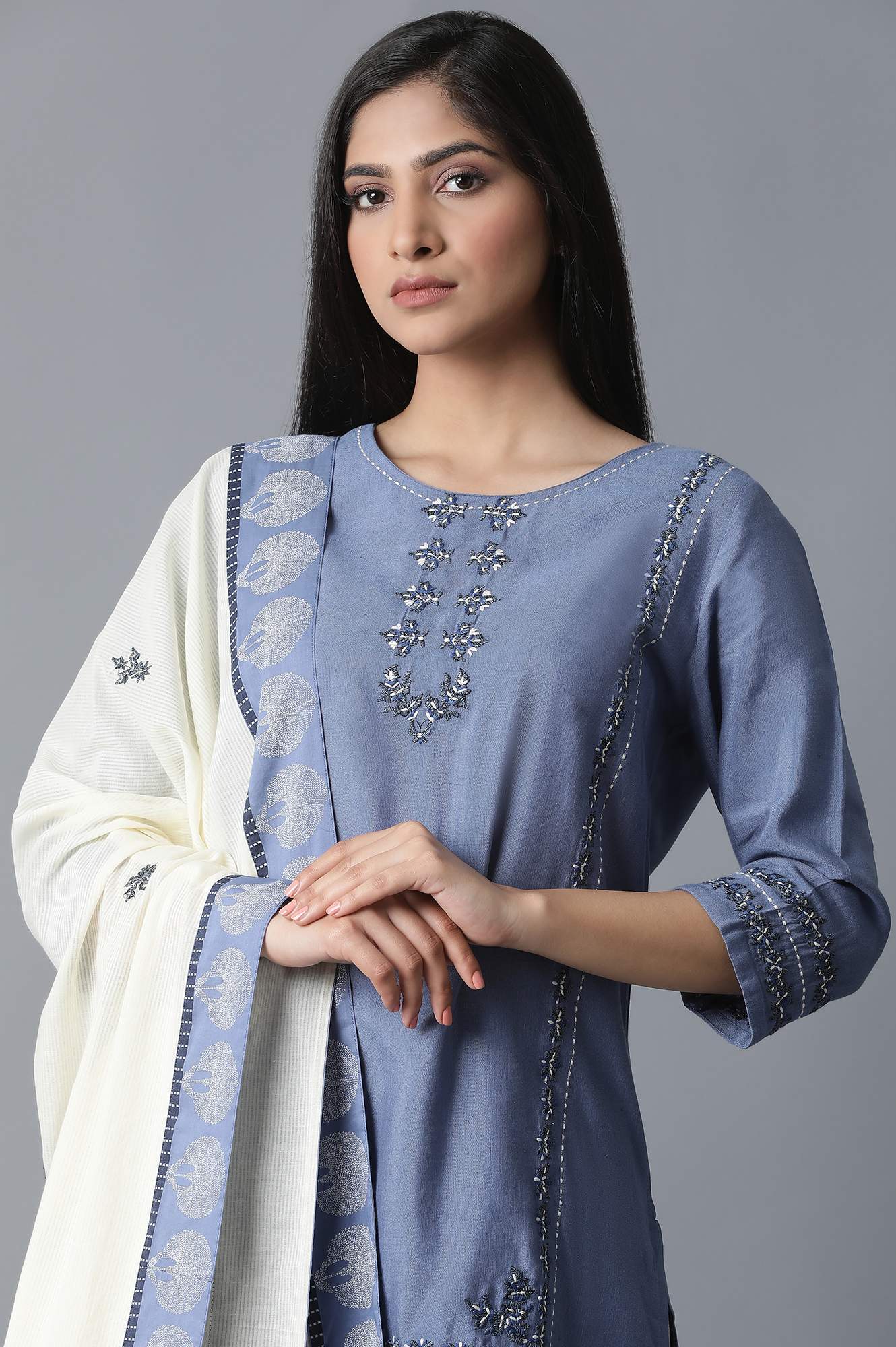 Blue kurta-Printed Sharara-Drape Set