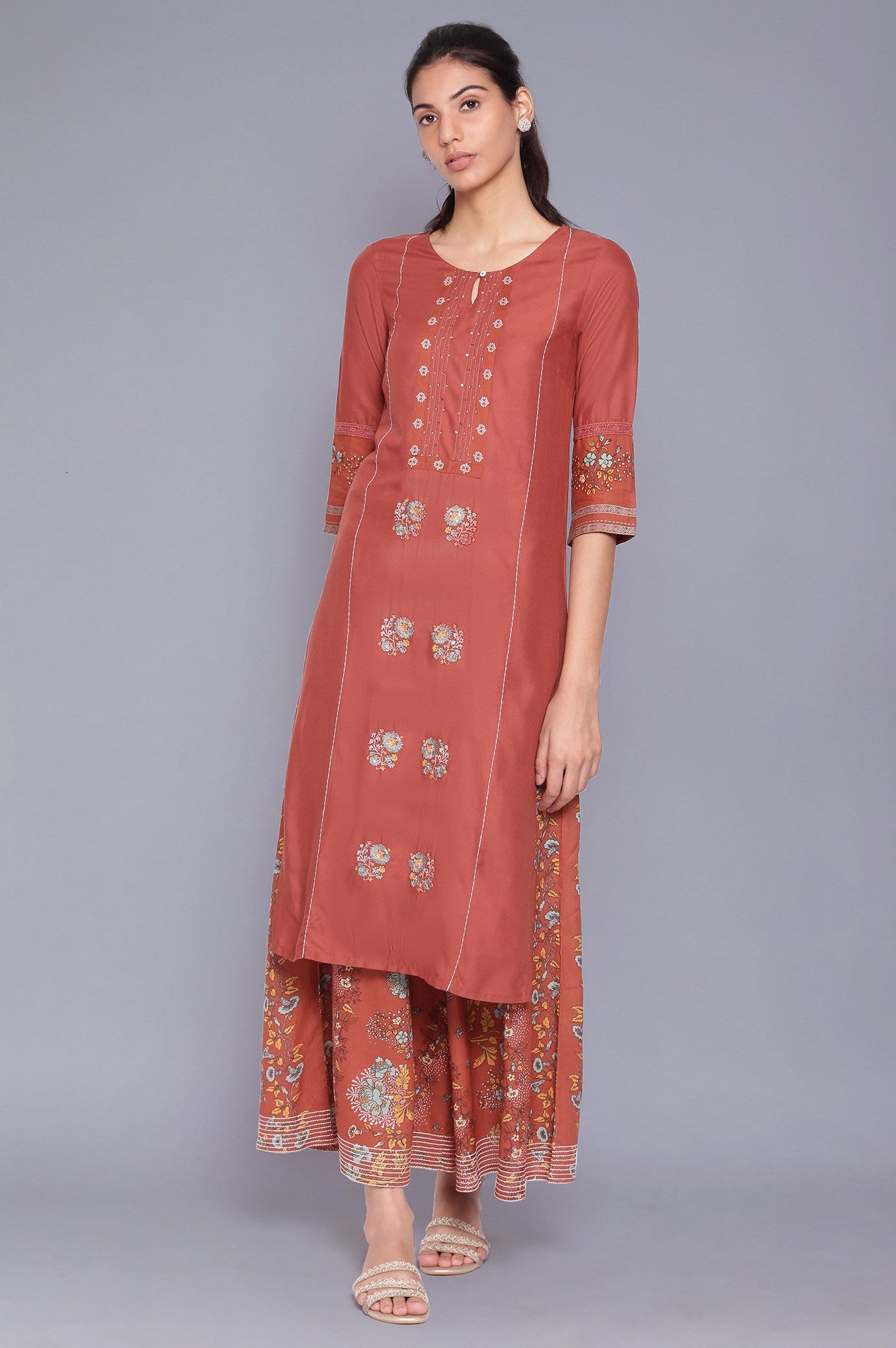 Baked Clay Orange kurta-Flared Pants Set