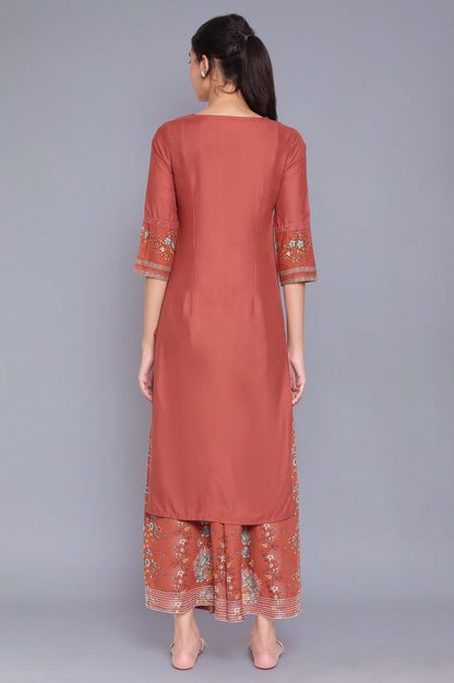 Baked Clay Orange kurta-Flared Pants Set