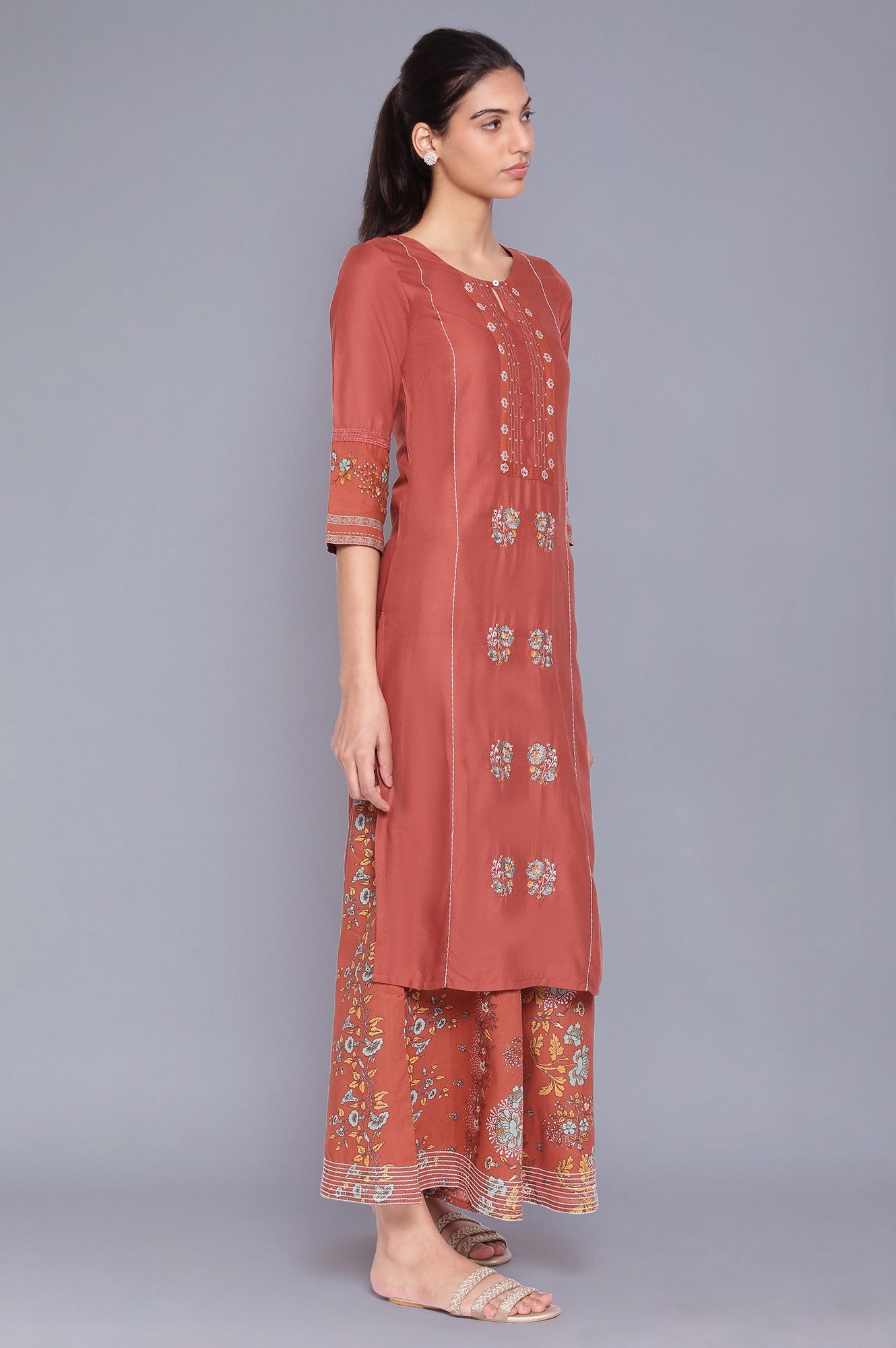 Baked Clay Orange kurta-Flared Pants Set