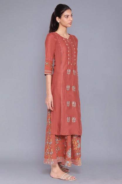 Baked Clay Orange kurta-Flared Pants Set