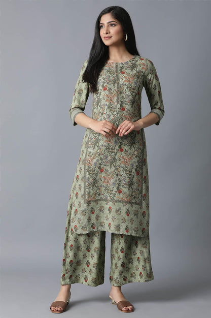 Green All-over Print Straight kurta-Parallel Pants - wforwoman