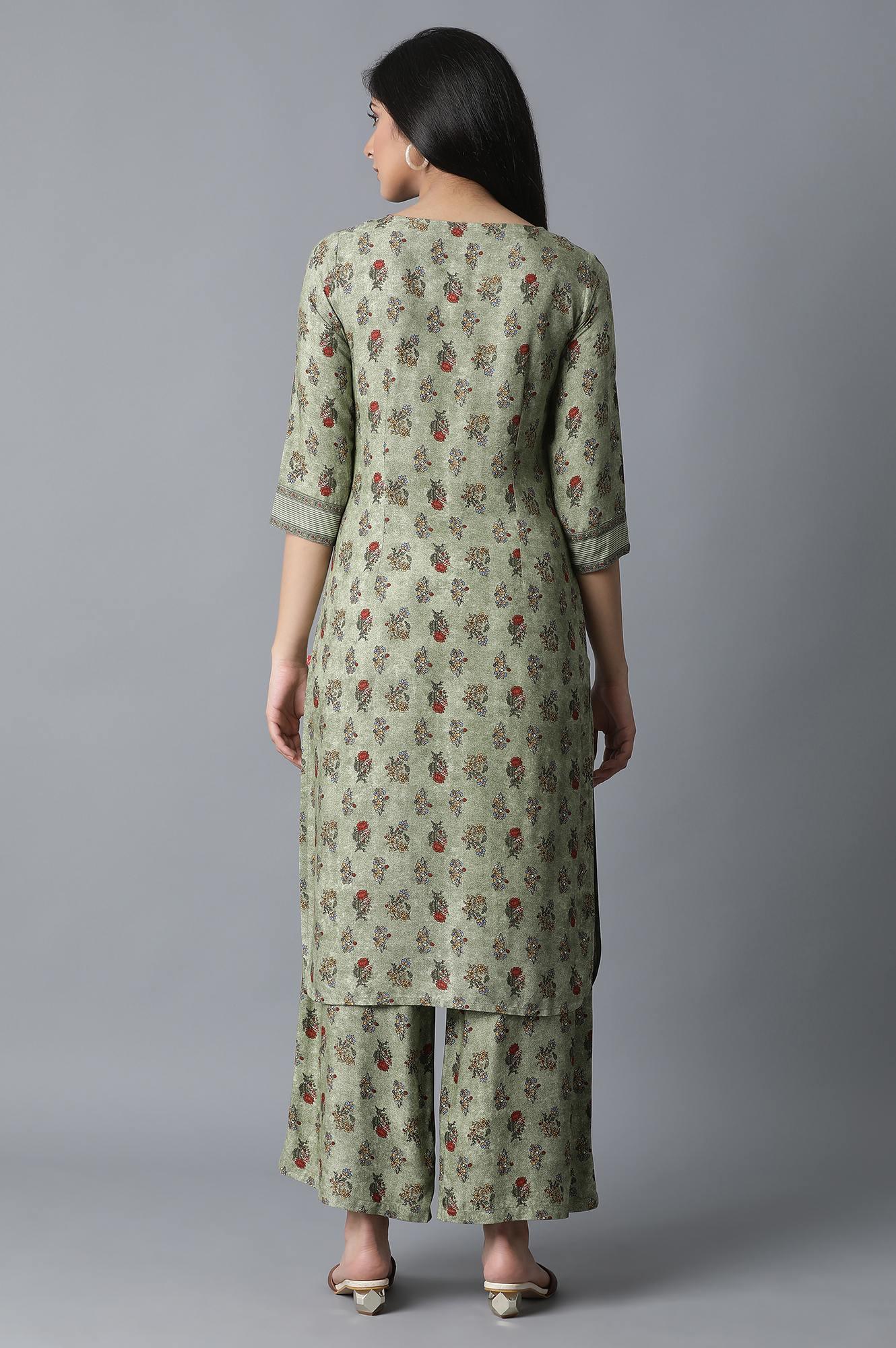 Green All-over Print Straight kurta-Parallel Pants - wforwoman