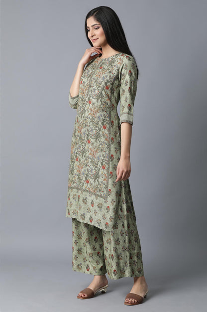 Green All-over Print Straight kurta-Parallel Pants - wforwoman