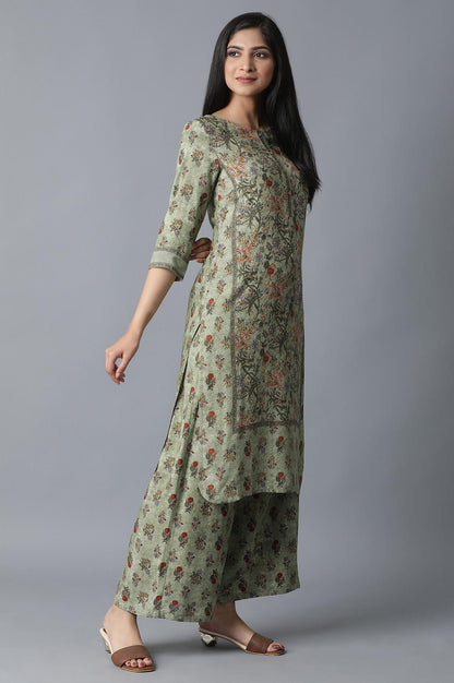 Green All-over Print Straight kurta-Parallel Pants - wforwoman