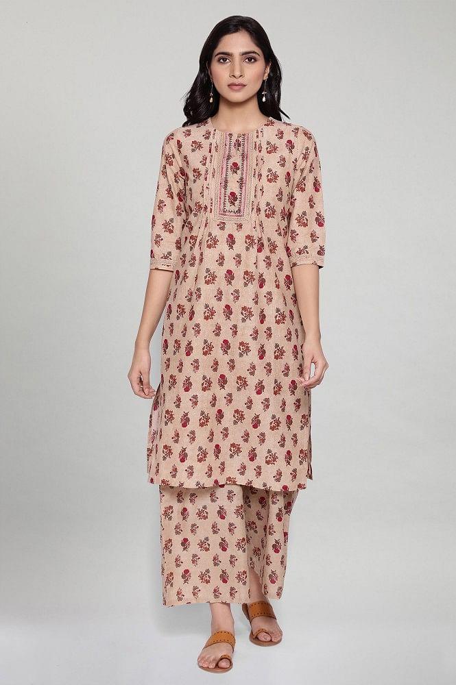 Beige All-Over Print kurta- Parallel Pants Set - wforwoman