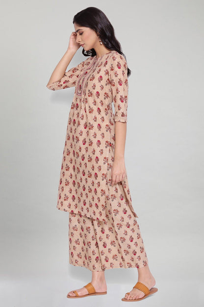 Beige All-Over Print kurta- Parallel Pants Set - wforwoman