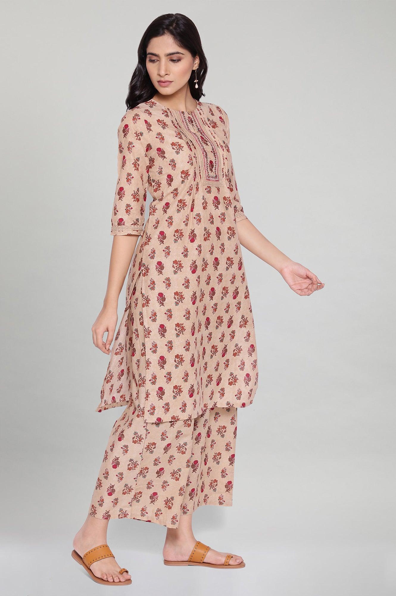 Beige All-Over Print kurta- Parallel Pants Set - wforwoman