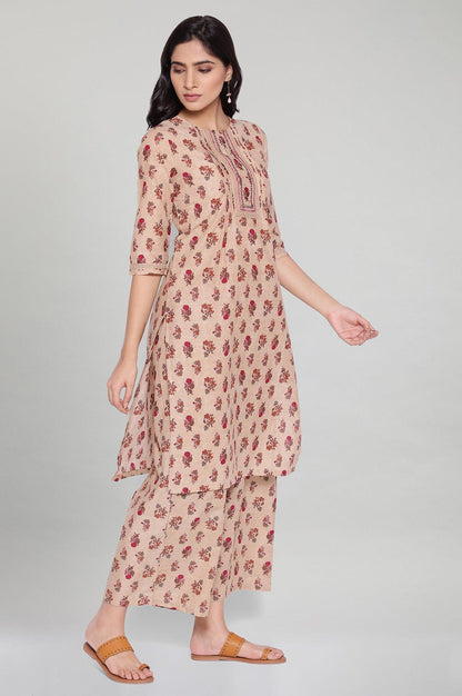 Beige All-Over Print kurta- Parallel Pants Set - wforwoman