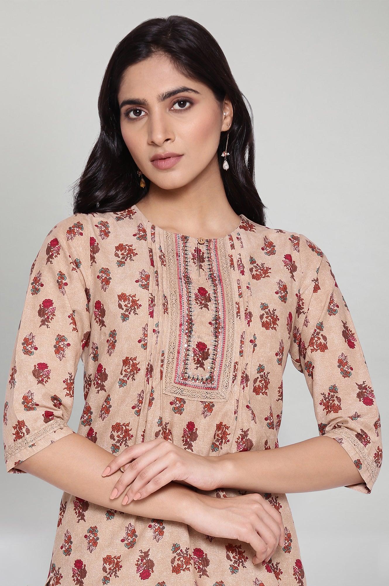 Beige All-Over Print kurta- Parallel Pants Set - wforwoman