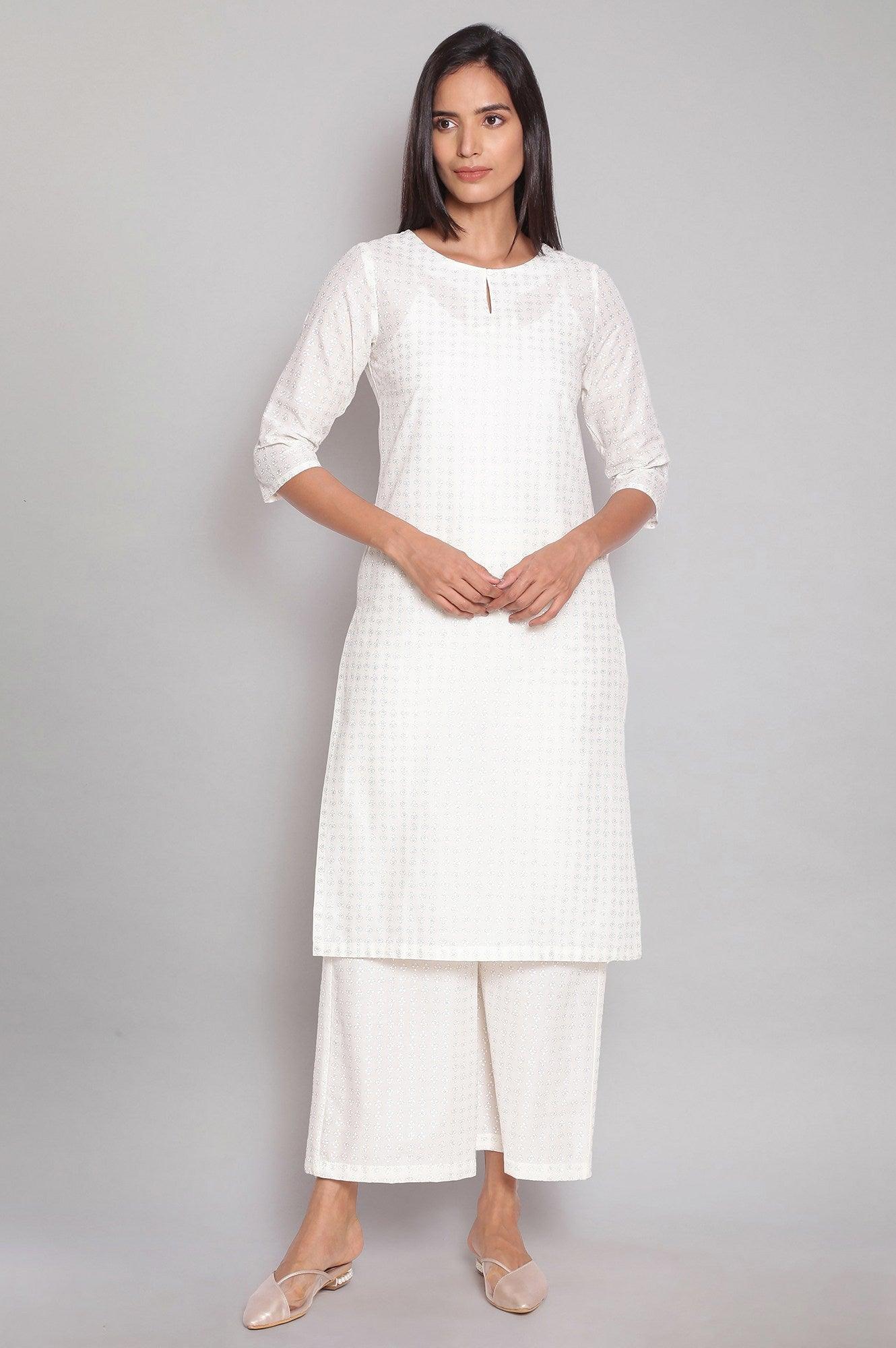 White Floral Printed kurta And Parallel Pants - wforwoman