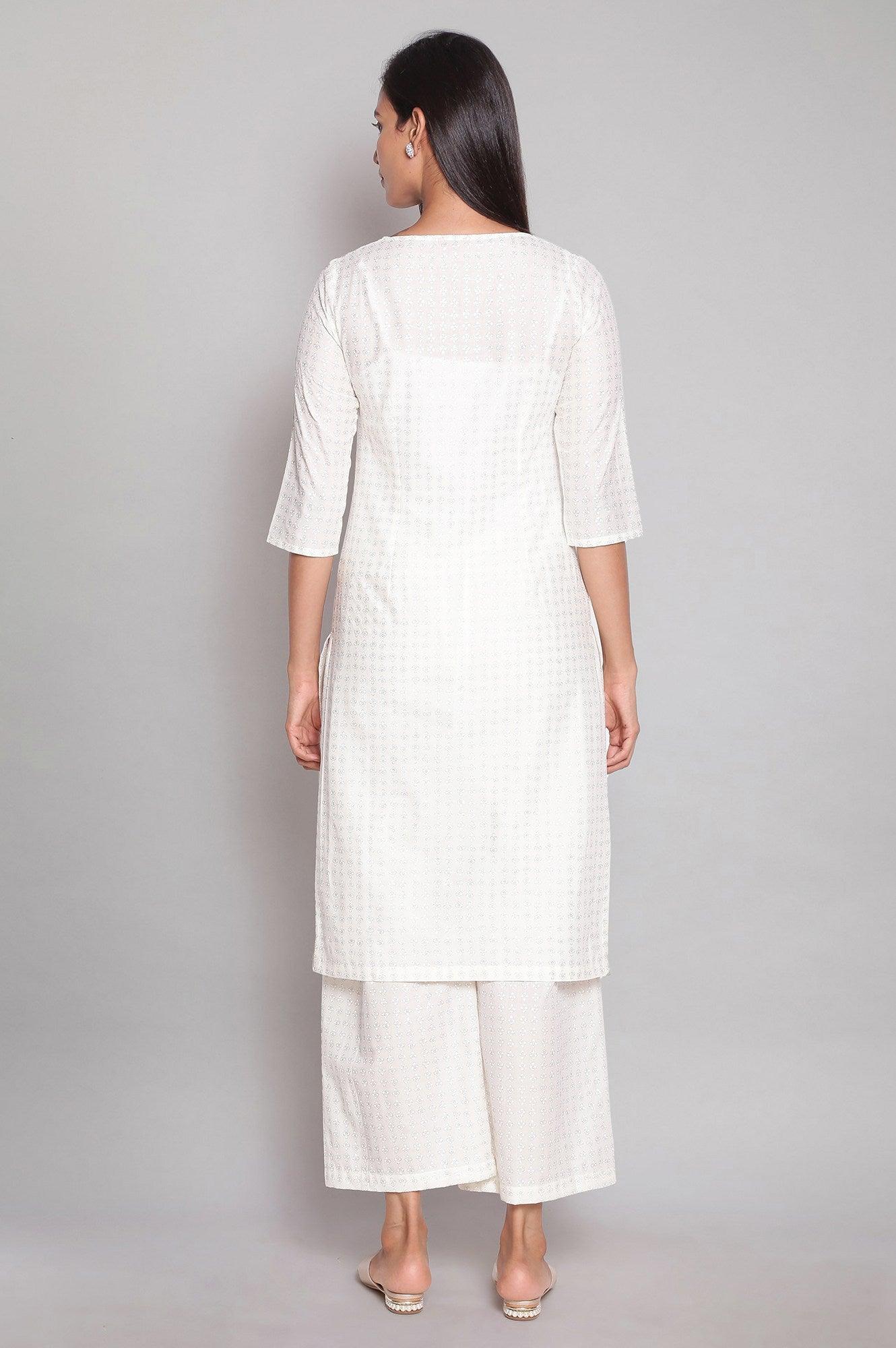 White Floral Printed kurta And Parallel Pants - wforwoman