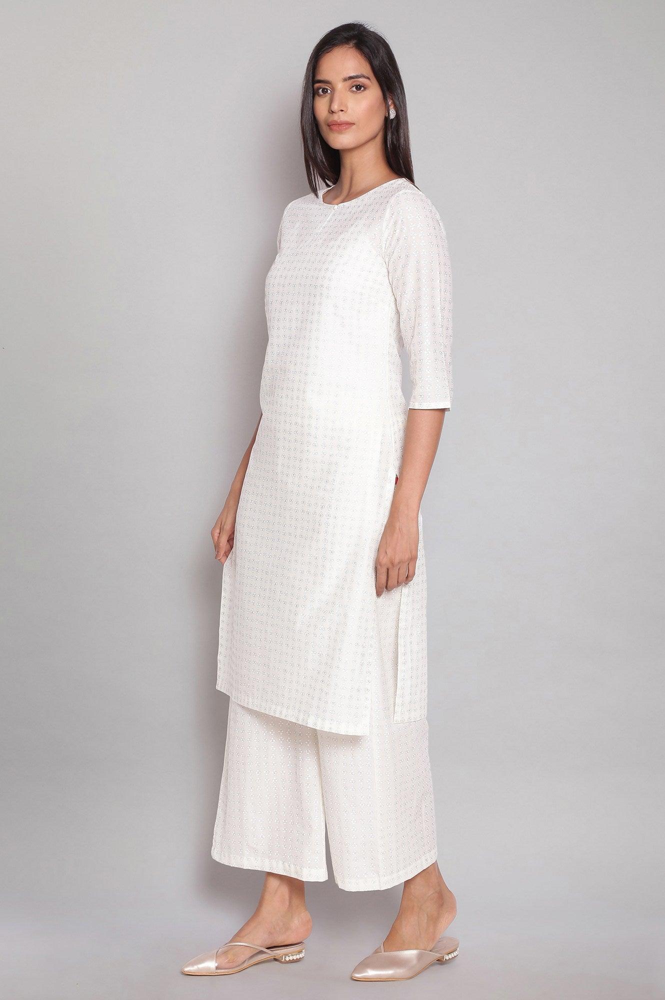 White Floral Printed kurta And Parallel Pants - wforwoman