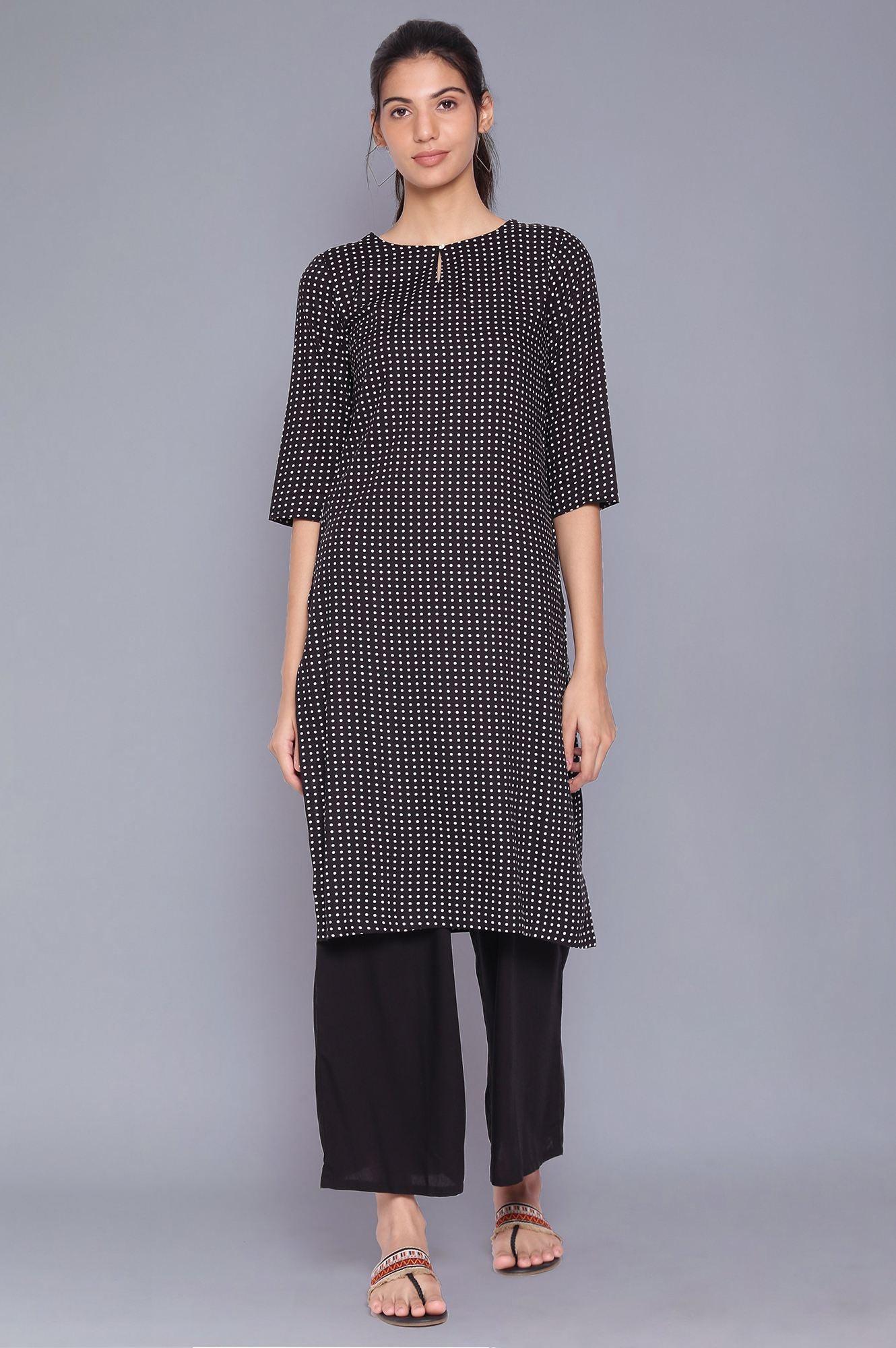 Black Polka Dot Straight kurta With Parallel Pants - wforwoman