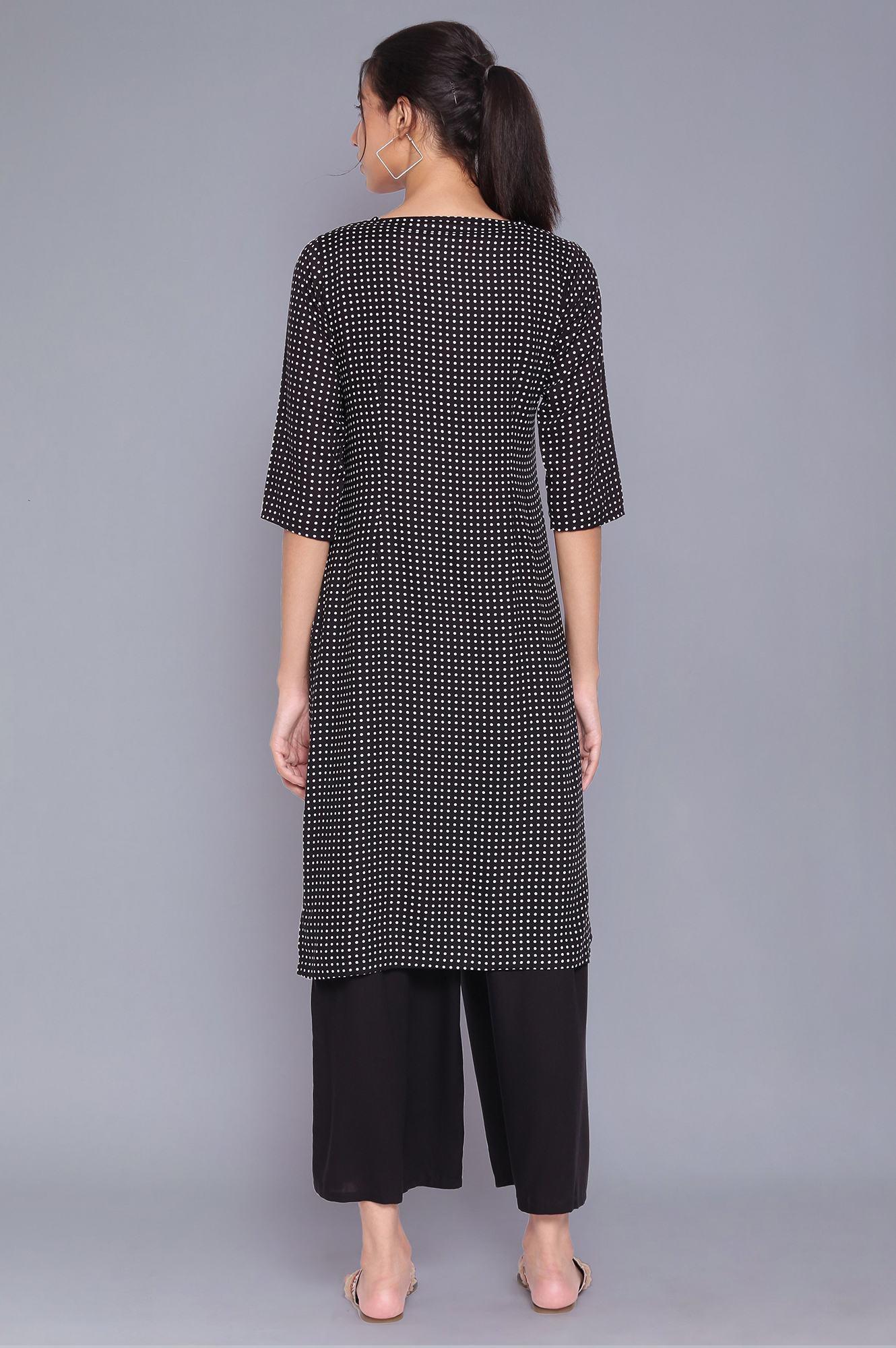 Black Polka Dot Straight kurta With Parallel Pants - wforwoman