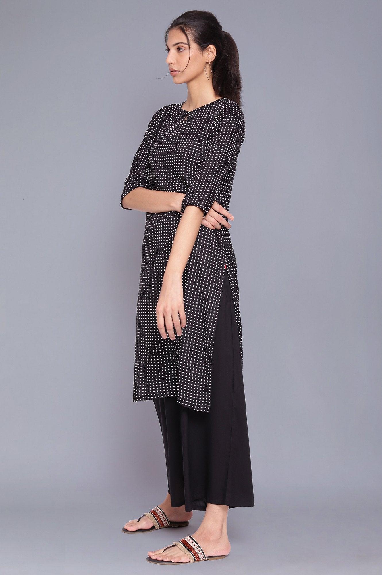 Black Polka Dot Straight kurta With Parallel Pants - wforwoman