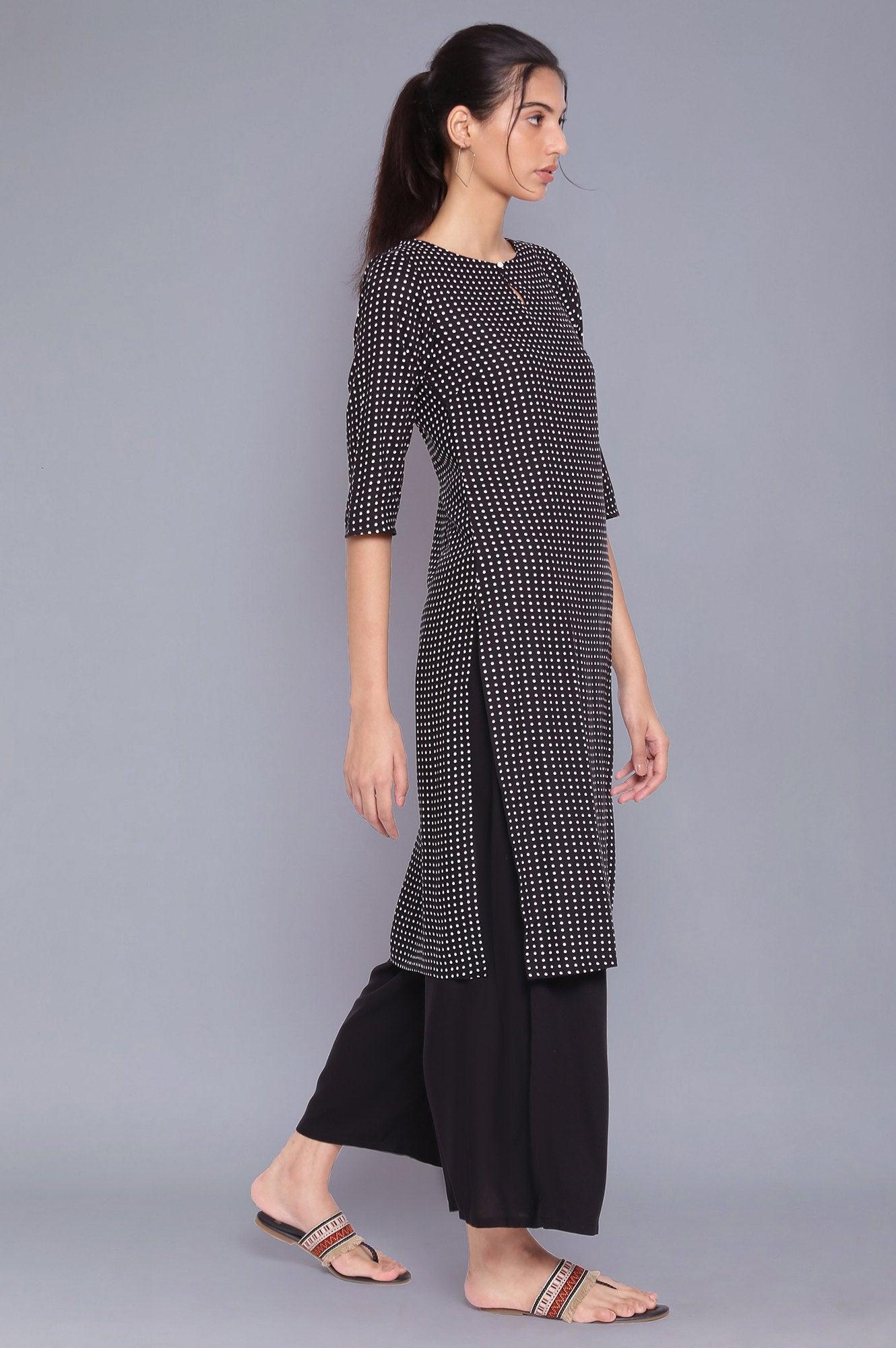 Black Polka Dot Straight kurta With Parallel Pants - wforwoman