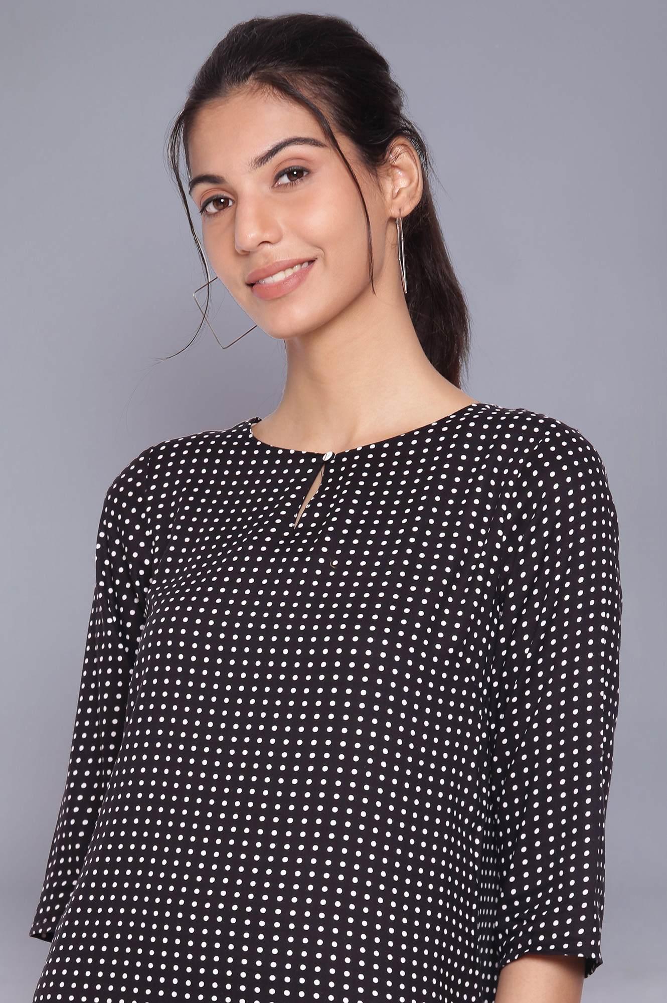 Black Polka Dot Straight kurta With Parallel Pants - wforwoman