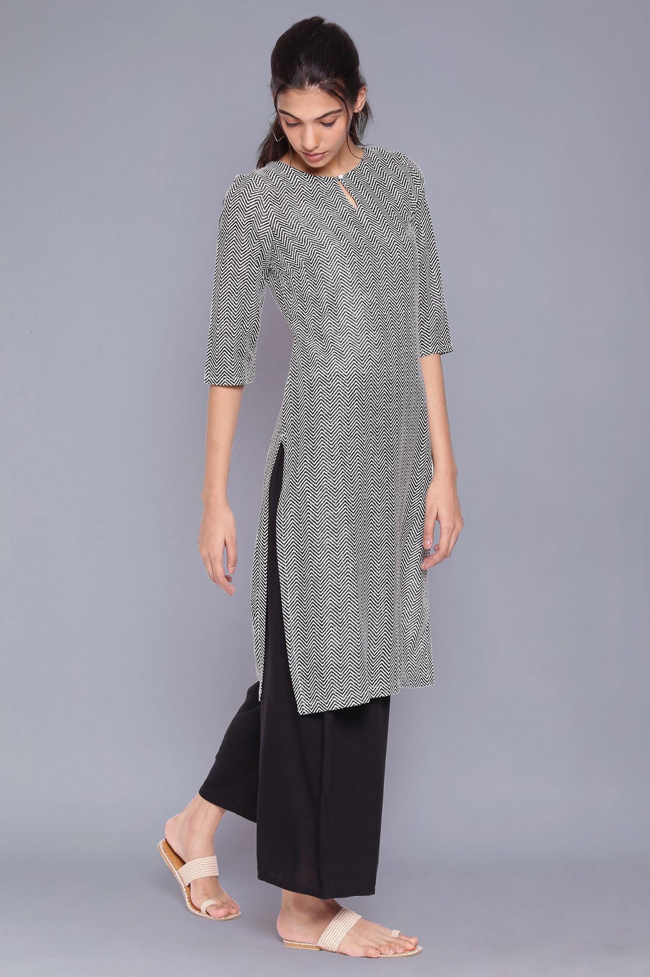 Ecru And Black Printed kurta With Black Parallel Pants - wforwoman