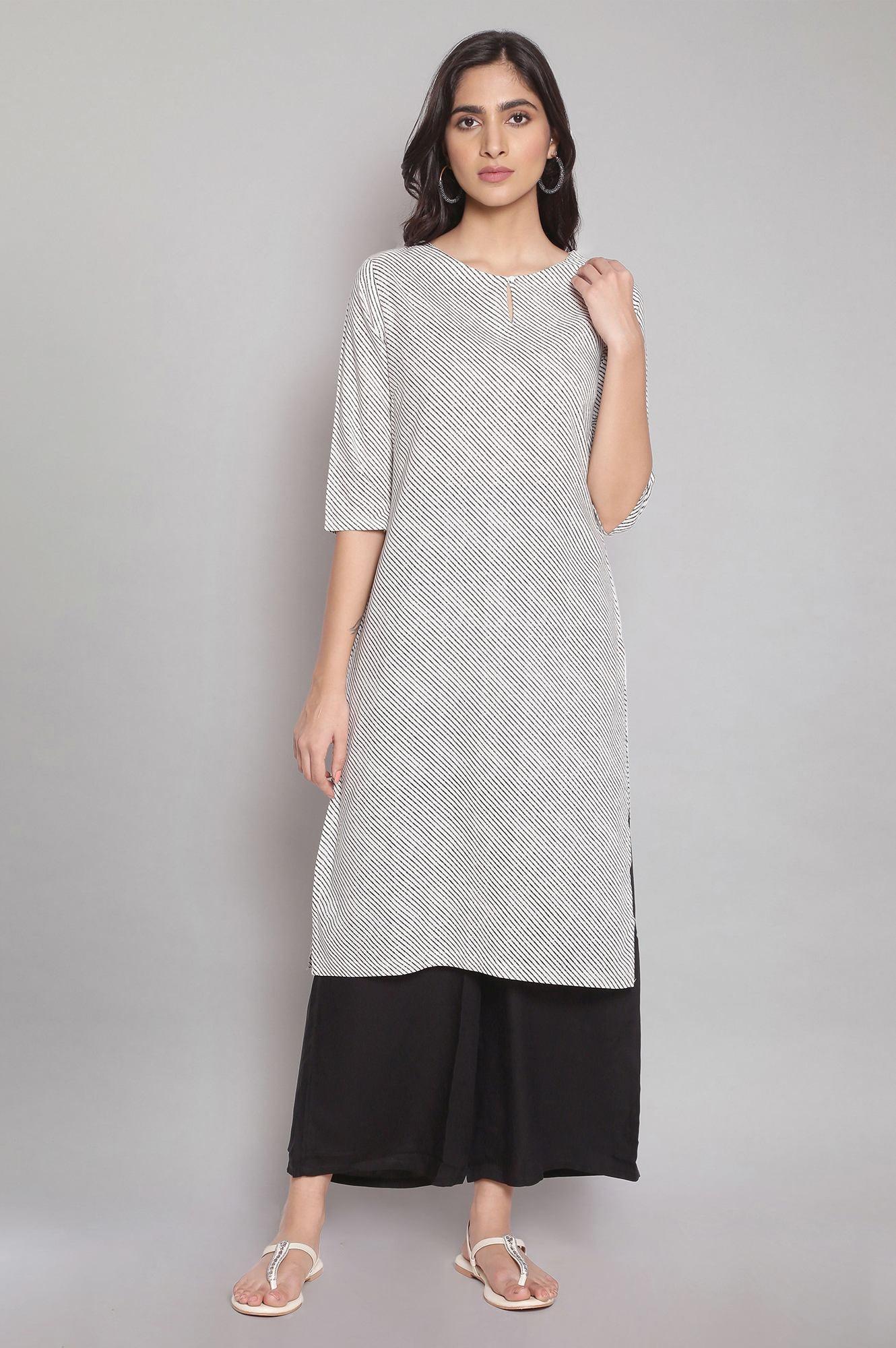 Ecru Stripe Printed kurta With Black Parallel Pants - wforwoman