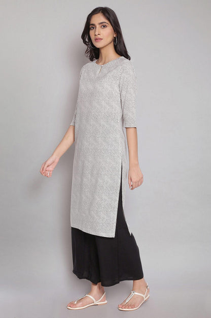 Ecru Stripe Printed kurta With Black Parallel Pants - wforwoman