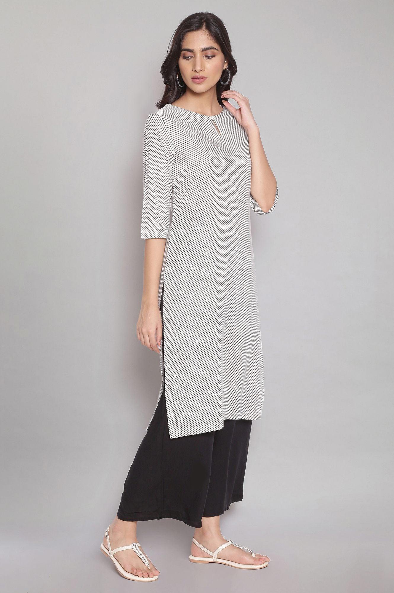 Ecru Stripe Printed kurta With Black Parallel Pants - wforwoman