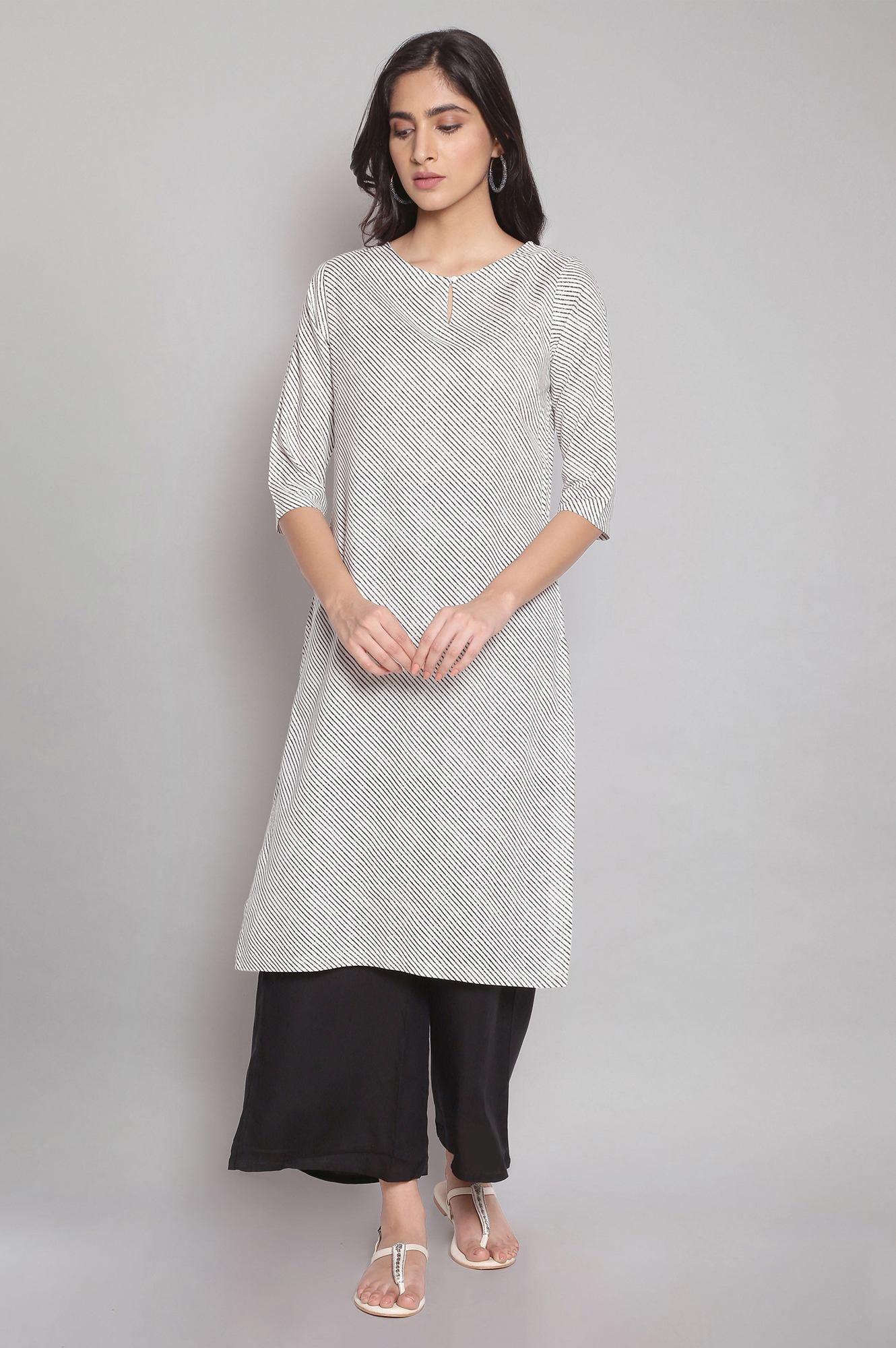 Ecru Stripe Printed kurta With Black Parallel Pants - wforwoman