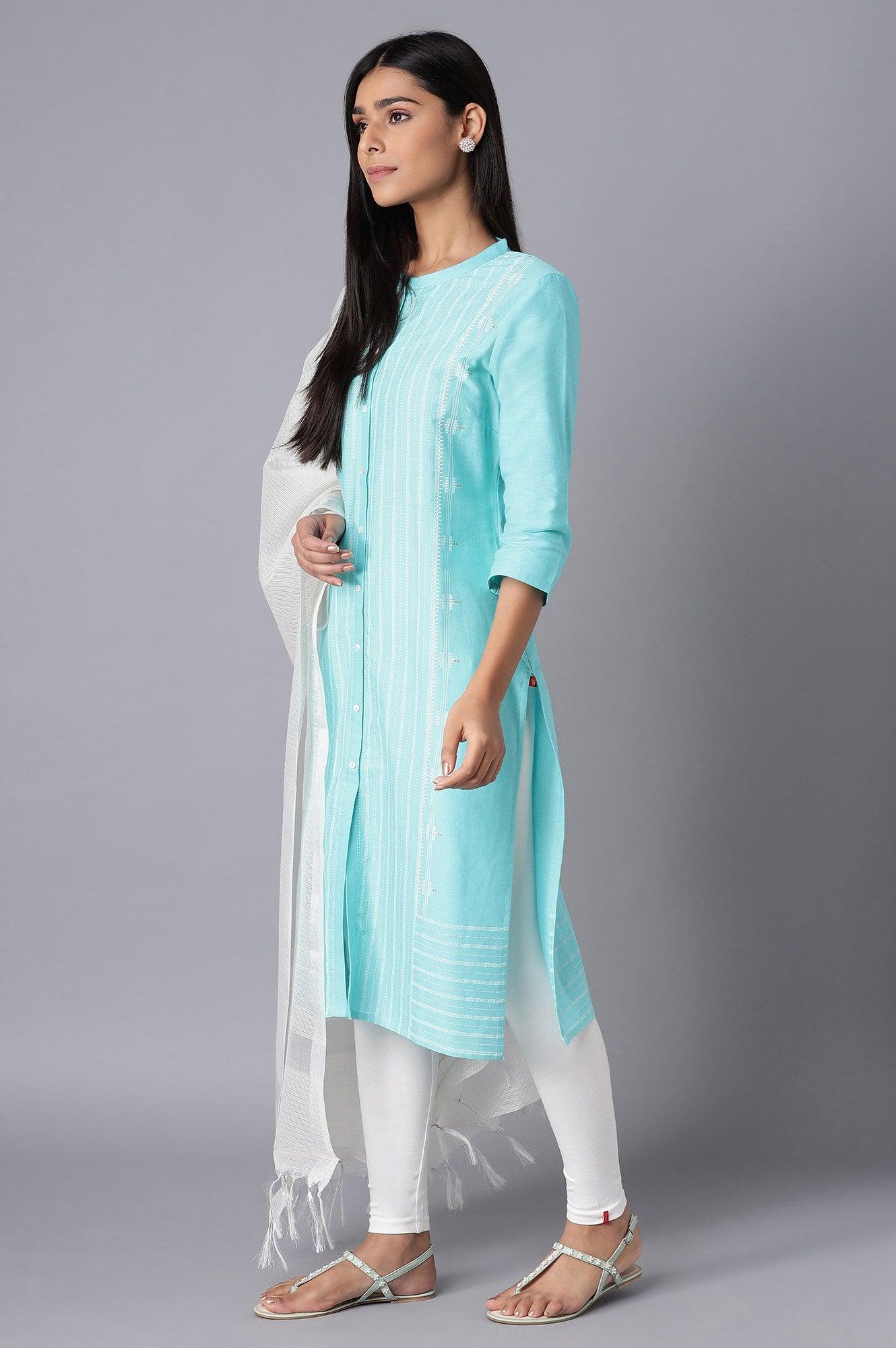 Green kurta-Tights-Drape Set - wforwoman