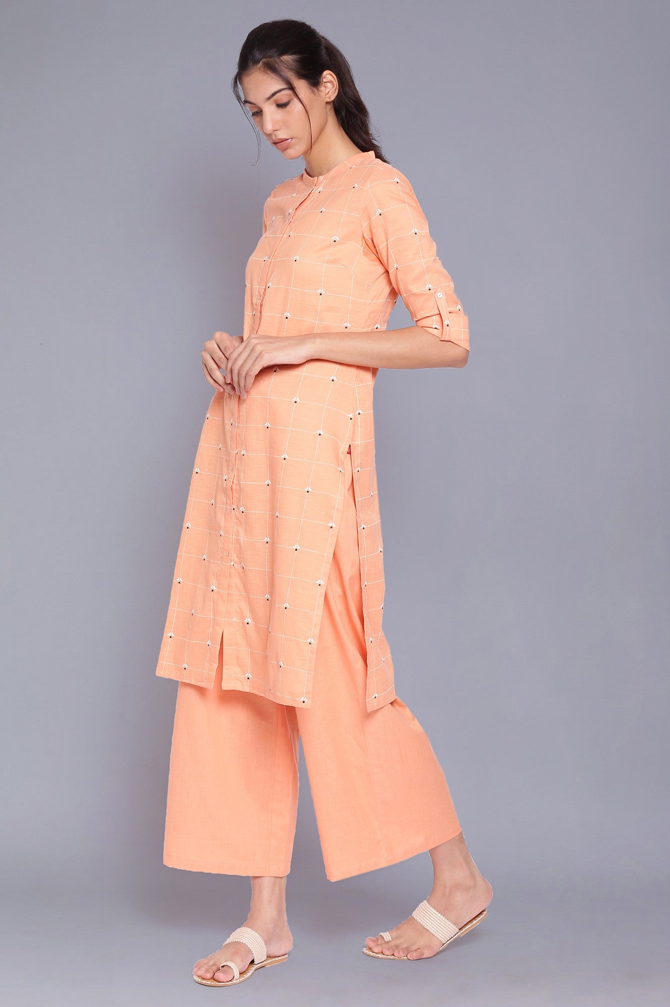 Orange Button Down kurta With Parallel Pants