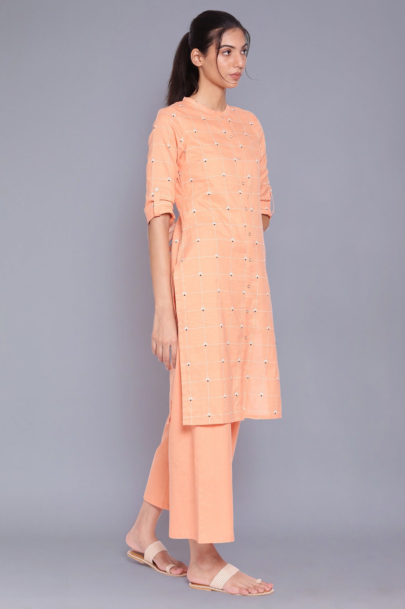 Orange Button Down kurta With Parallel Pants