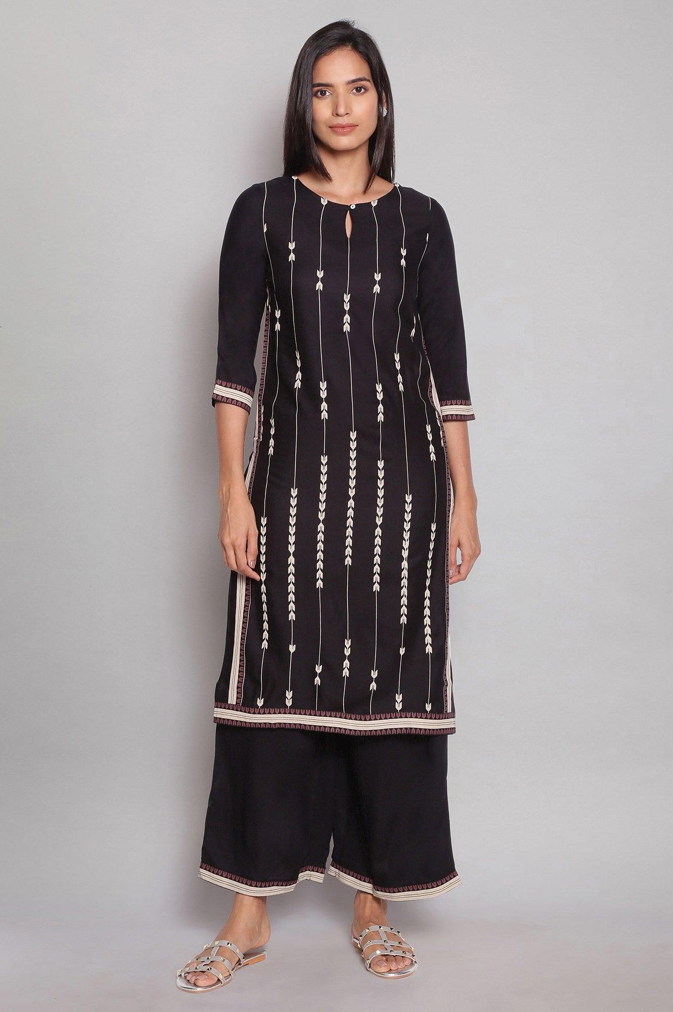 Black Geometric Print kurta-Parallel Pants Set - wforwoman