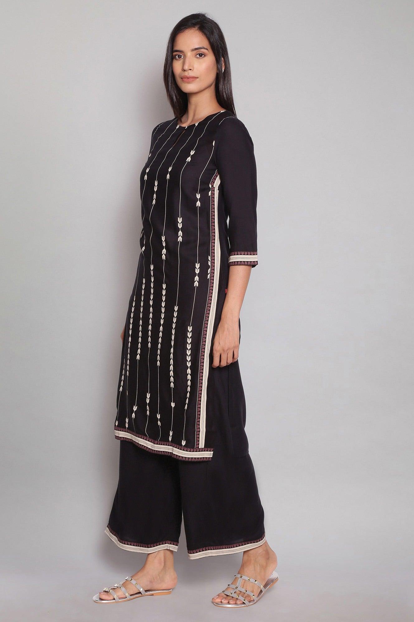 Black Geometric Print kurta-Parallel Pants Set - wforwoman