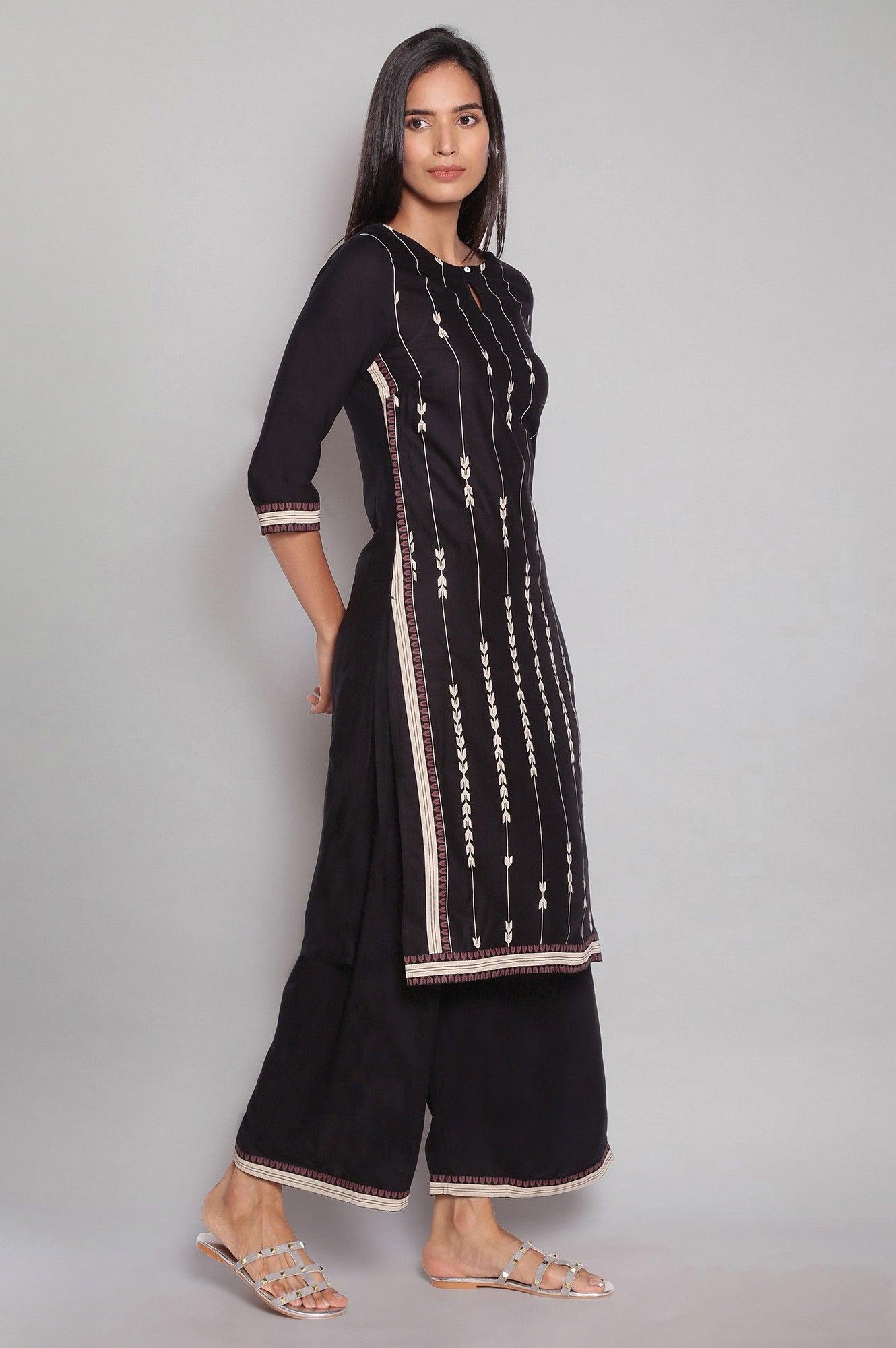 Black Geometric Print kurta-Parallel Pants Set - wforwoman