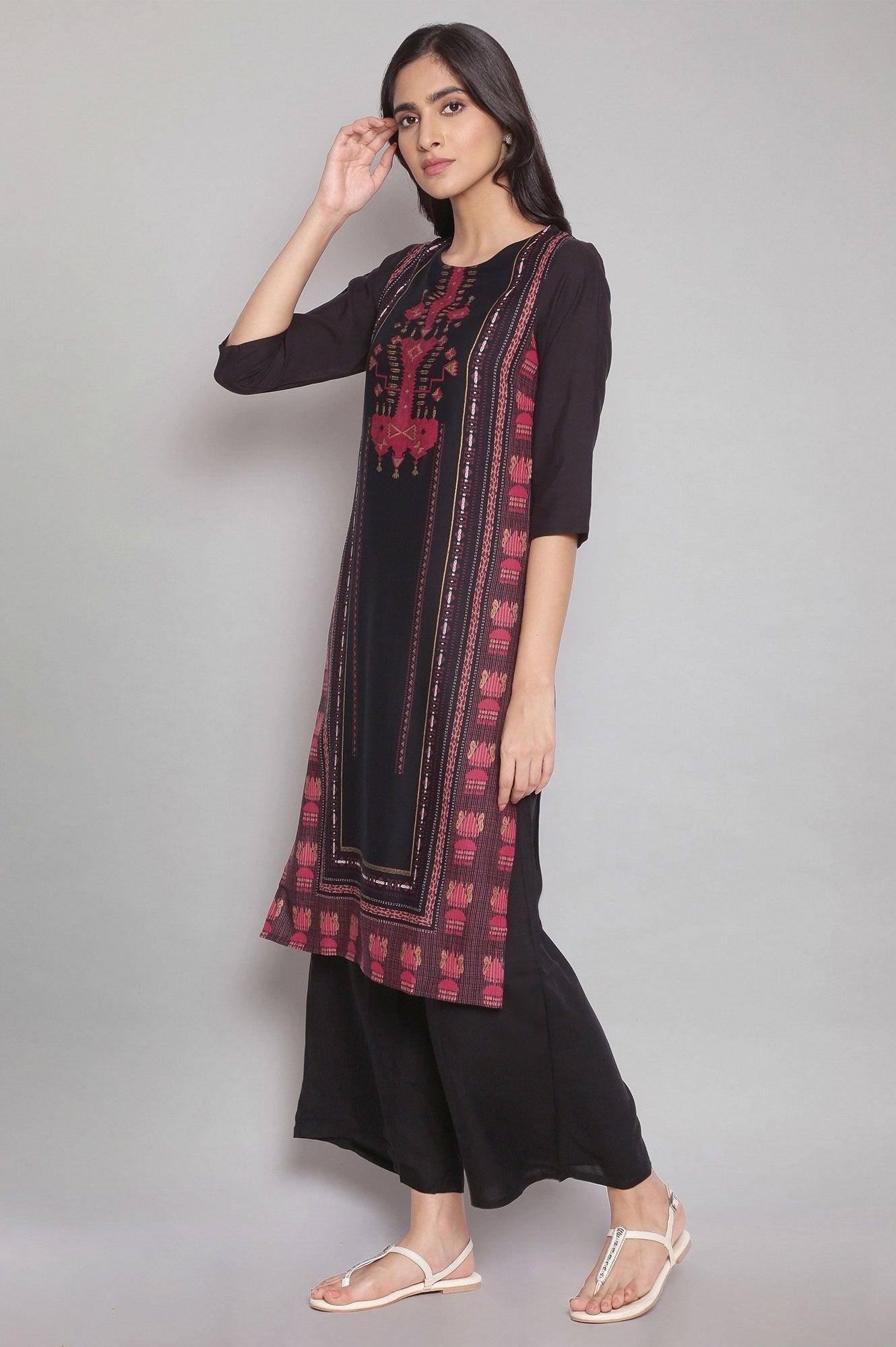 Black Geometric Printed kurta With Parallel Pants - wforwoman