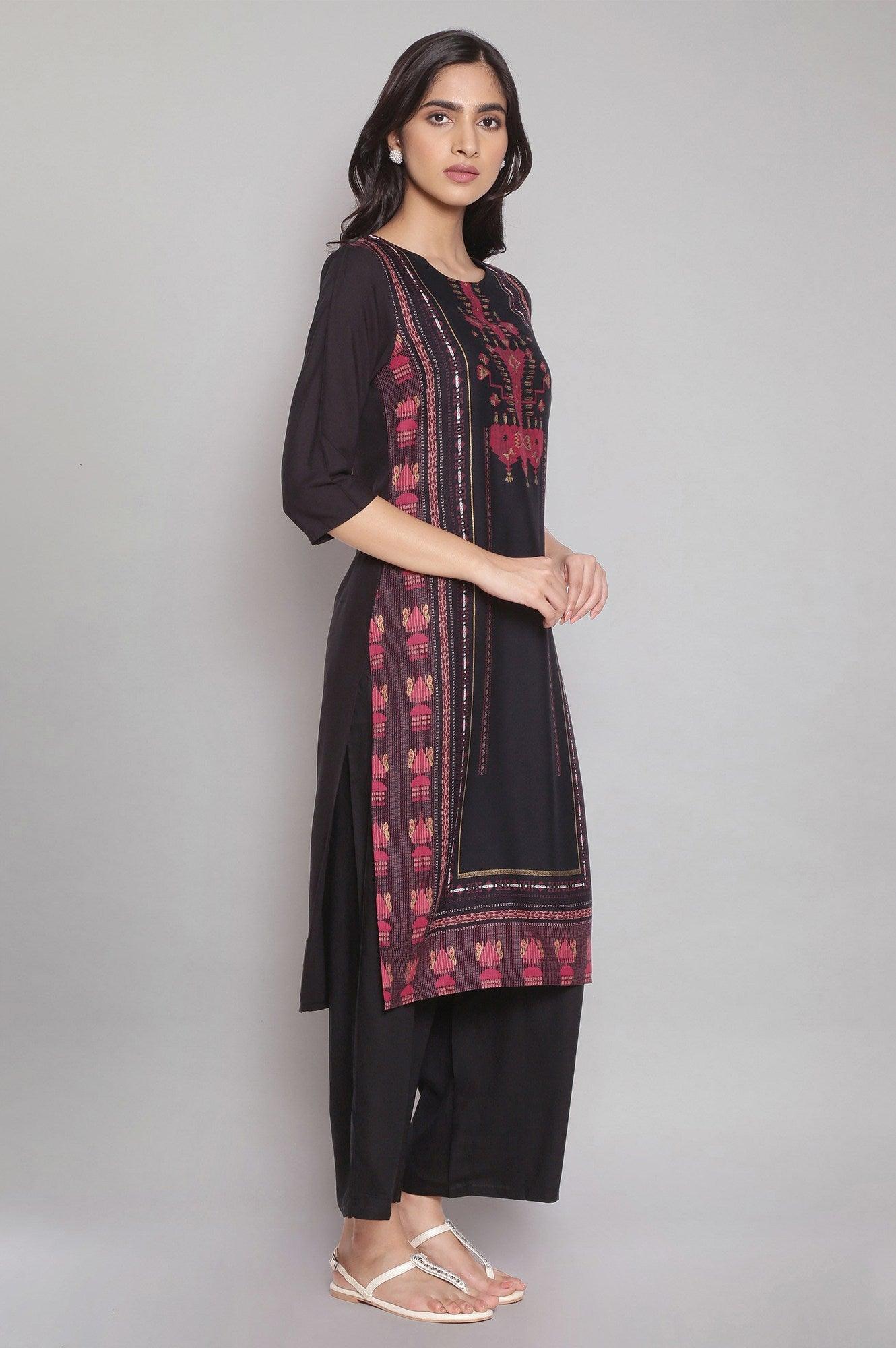 Black Geometric Printed kurta With Parallel Pants - wforwoman