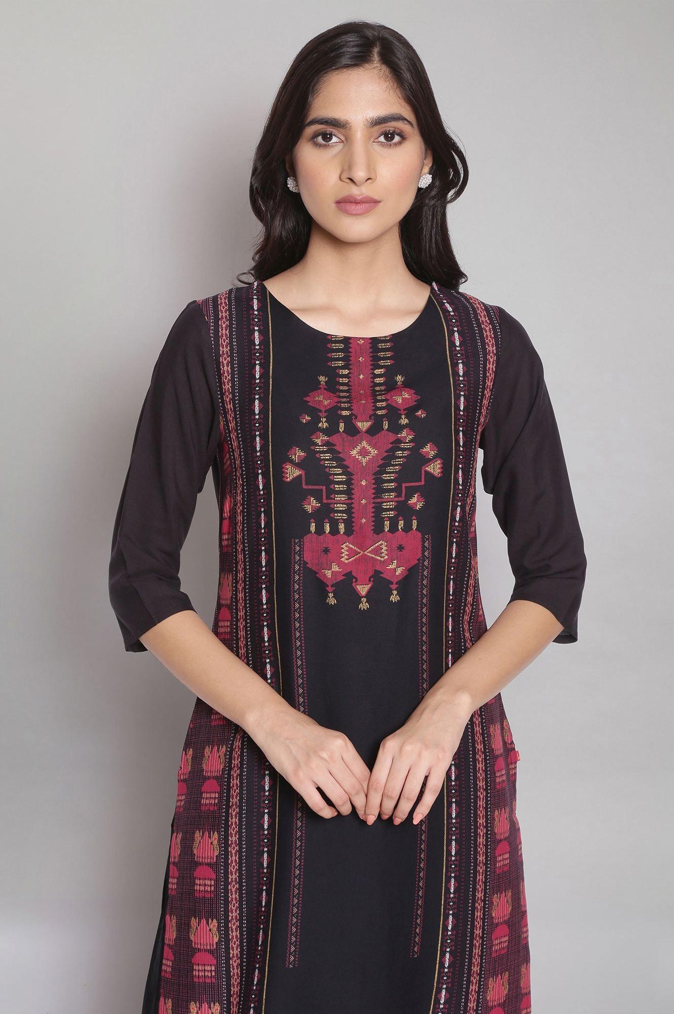 Black Geometric Printed kurta With Parallel Pants - wforwoman