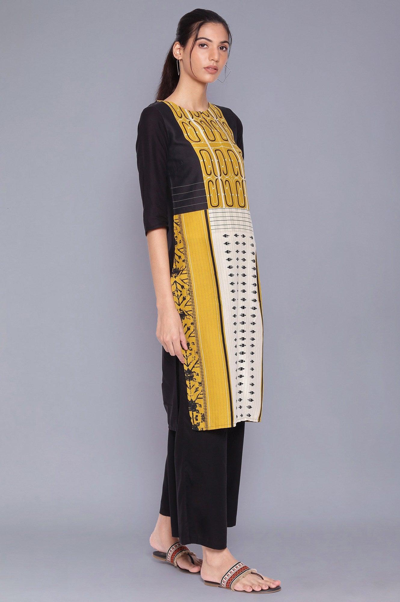 Black And Yellow Printed kurta With Parallel Pants - wforwoman