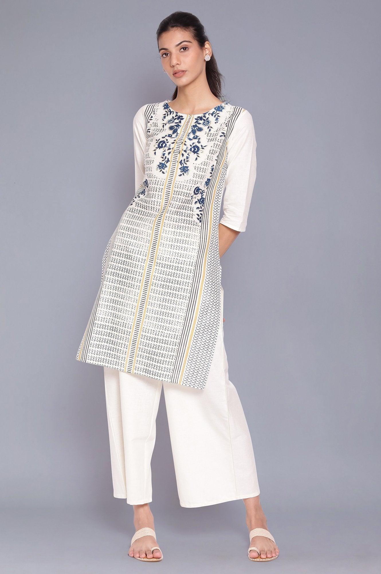 White Floral Printed kurta With Parallel Pants - wforwoman