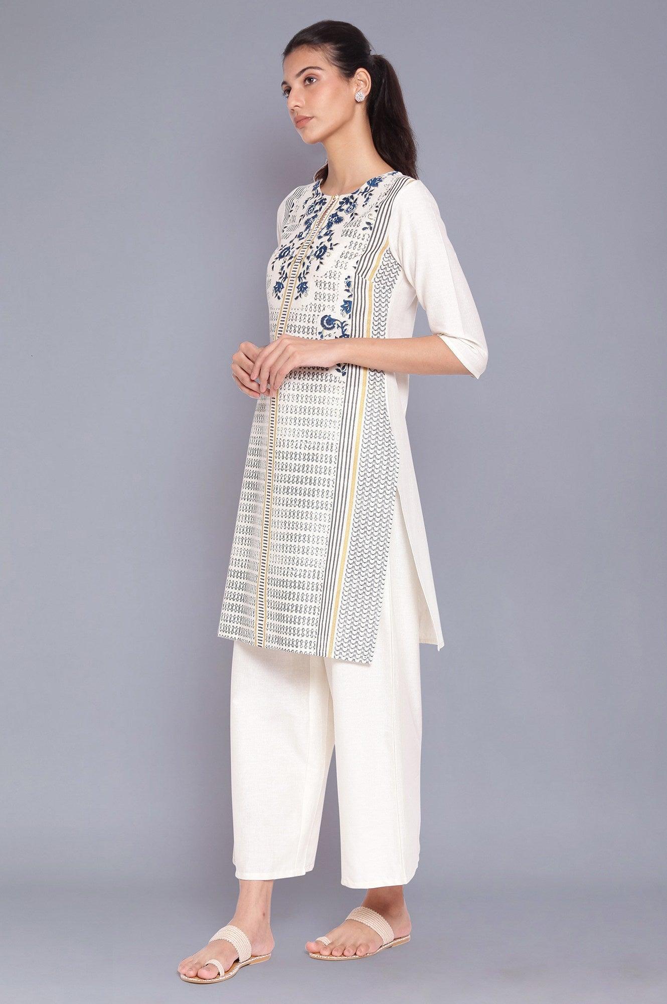 White Floral Printed kurta With Parallel Pants - wforwoman