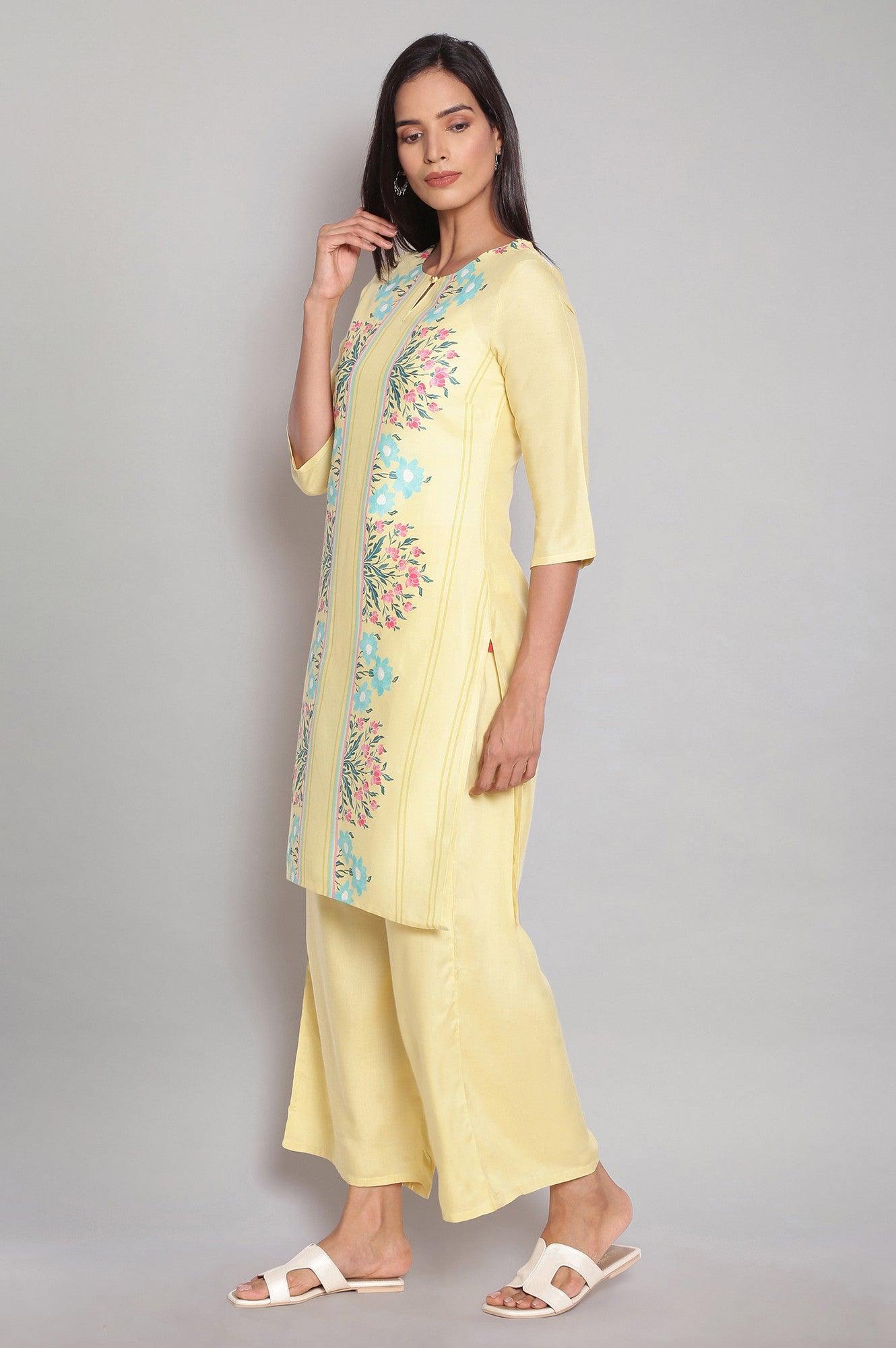 Yellow Floral Printed kurta With Parallel Pants - wforwoman