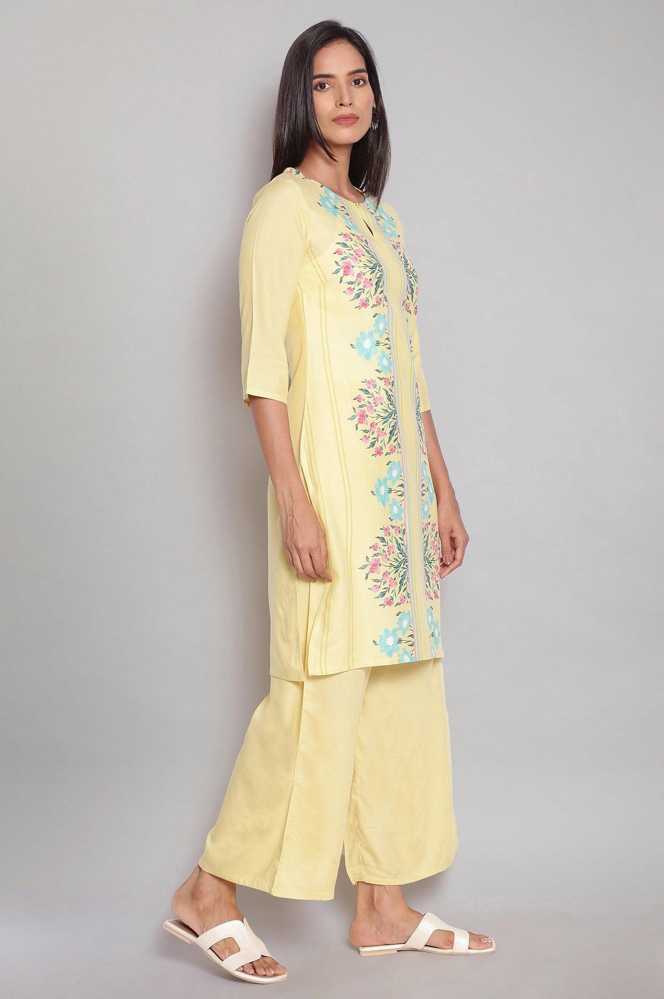 Yellow Floral Printed kurta With Parallel Pants - wforwoman