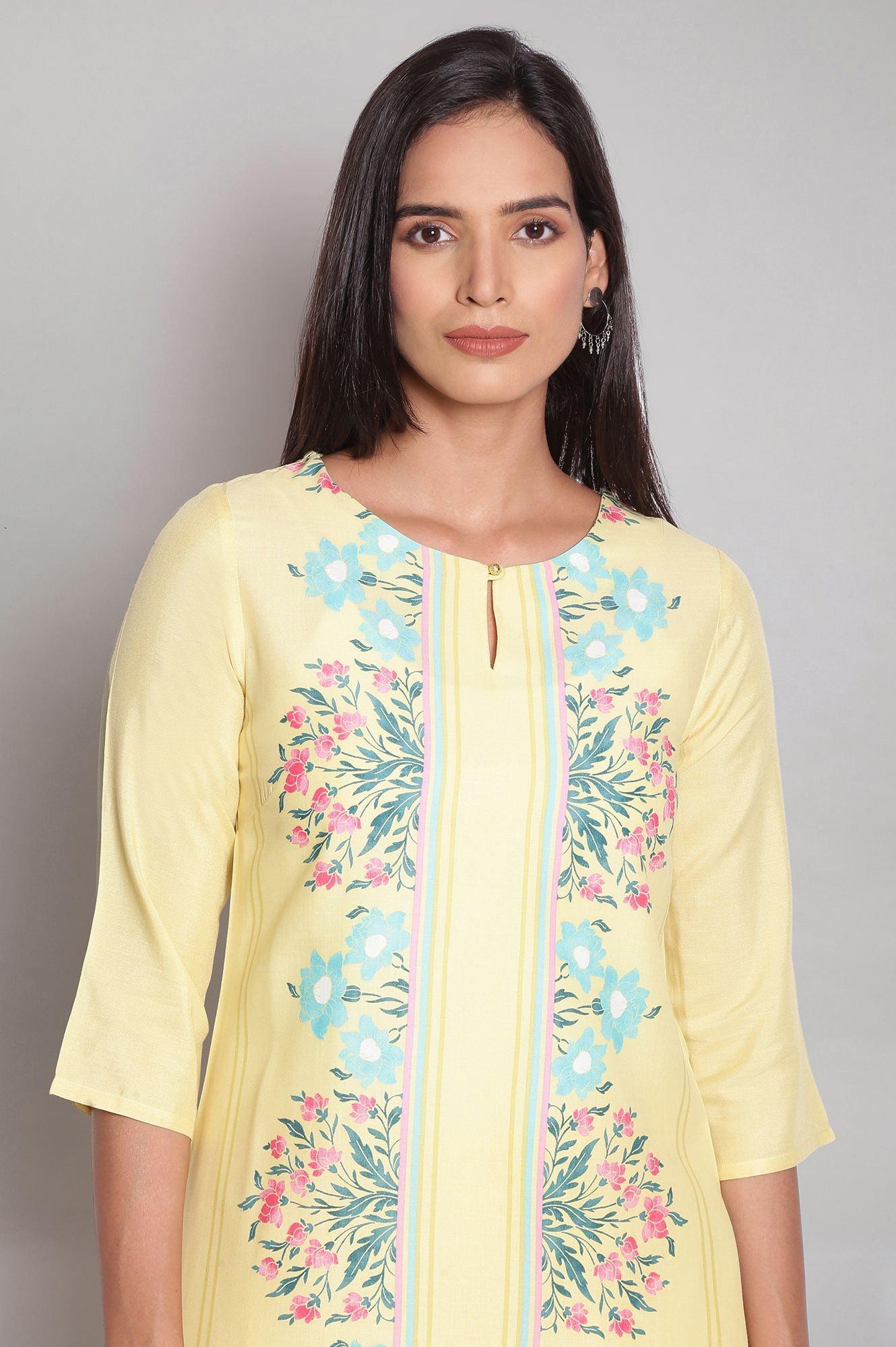 Yellow Floral Printed kurta With Parallel Pants - wforwoman