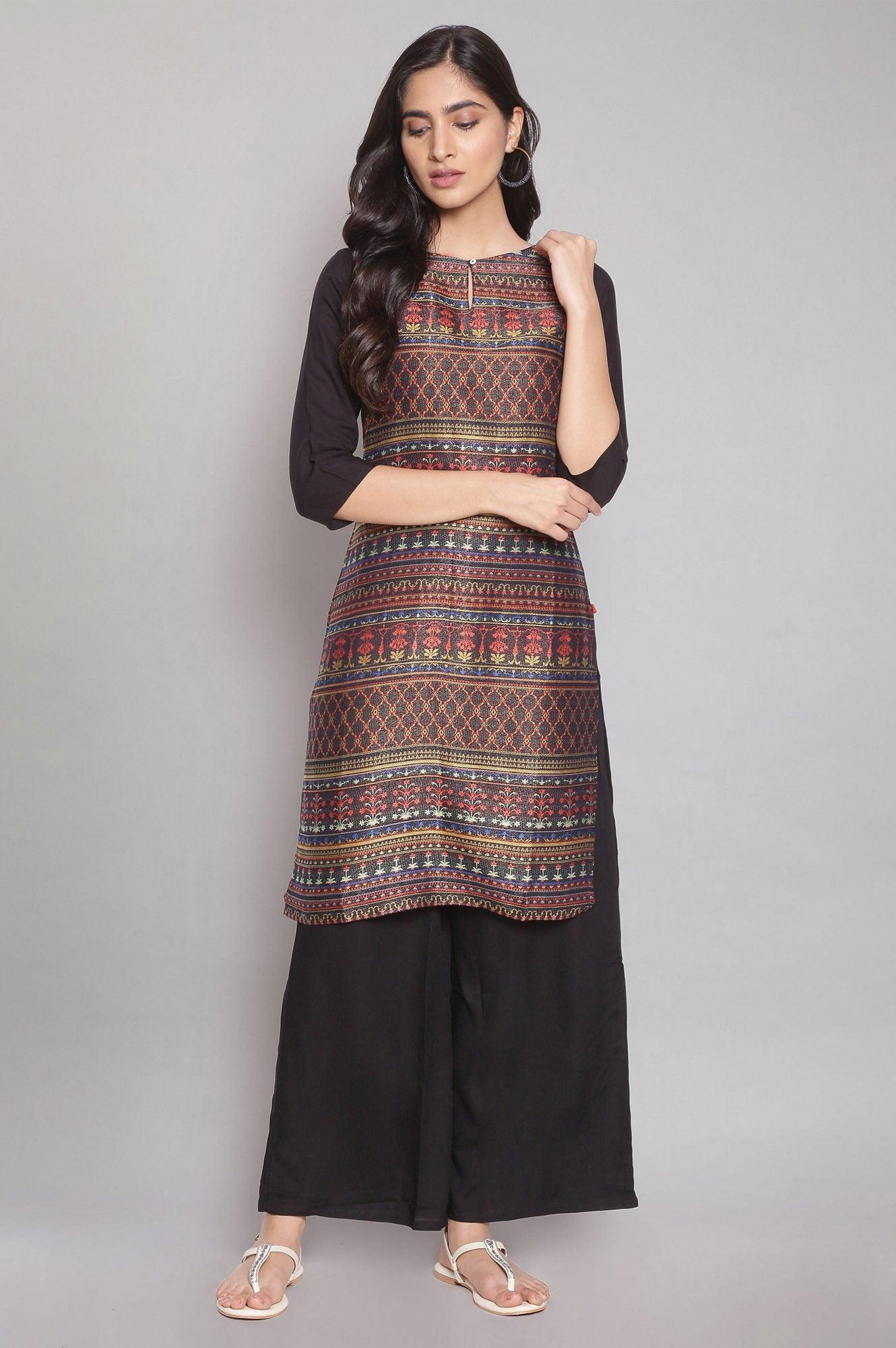 Black Dobby kurta-Parallel Pants Set - wforwoman