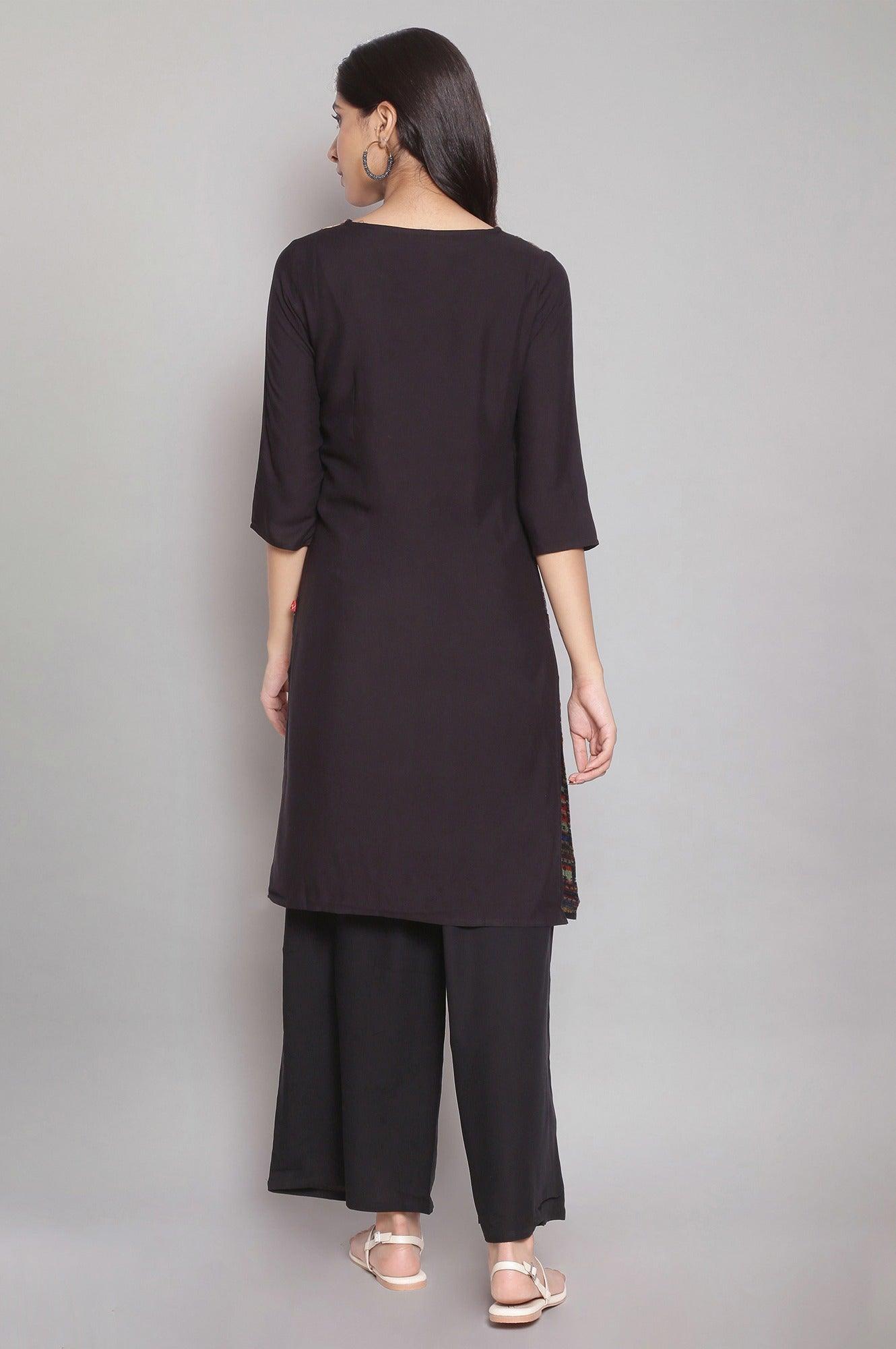 Black Dobby kurta-Parallel Pants Set - wforwoman