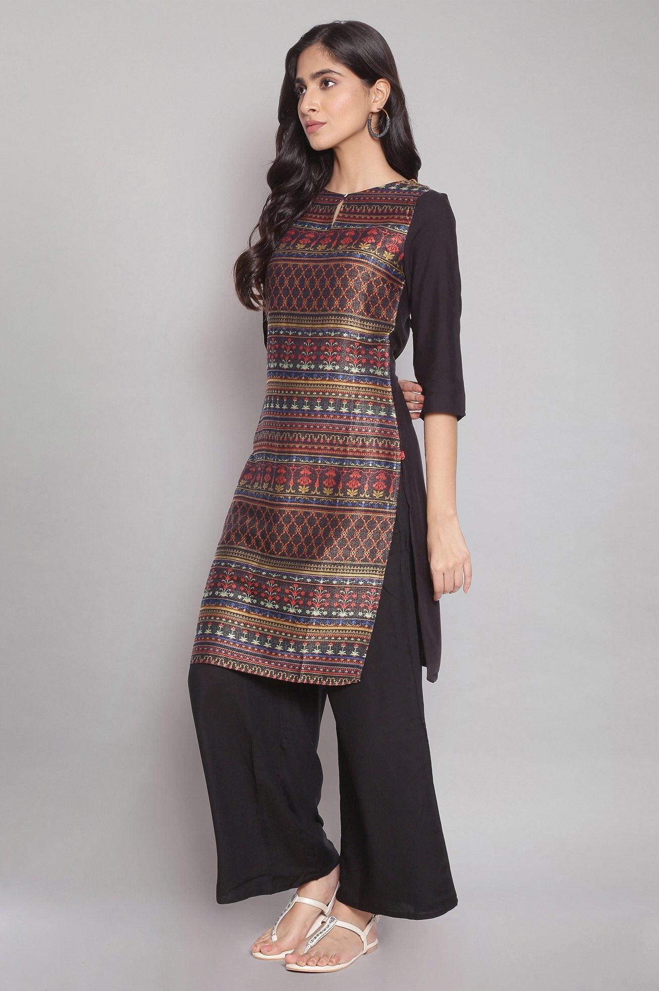 Black Dobby kurta-Parallel Pants Set - wforwoman