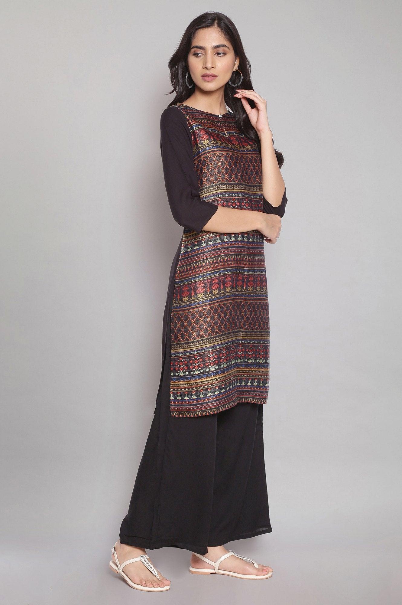 Black Dobby kurta-Parallel Pants Set - wforwoman