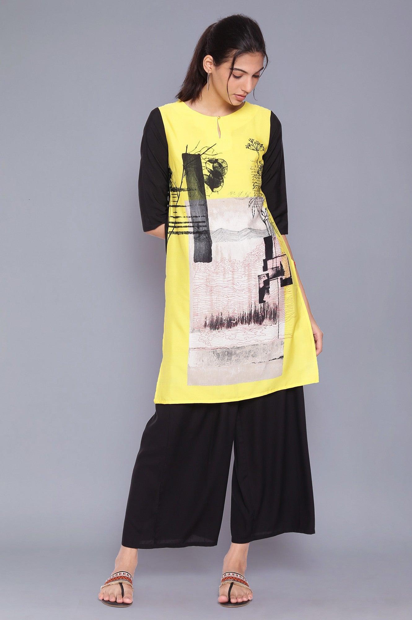 Yellow And Black Printed kurta- Black Parallel Pants Set - wforwoman