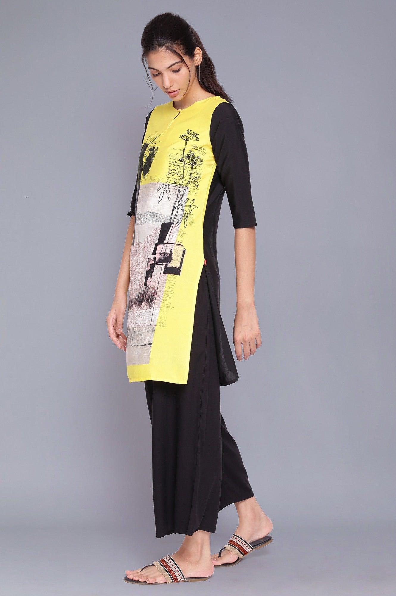 Yellow And Black Printed kurta- Black Parallel Pants Set - wforwoman