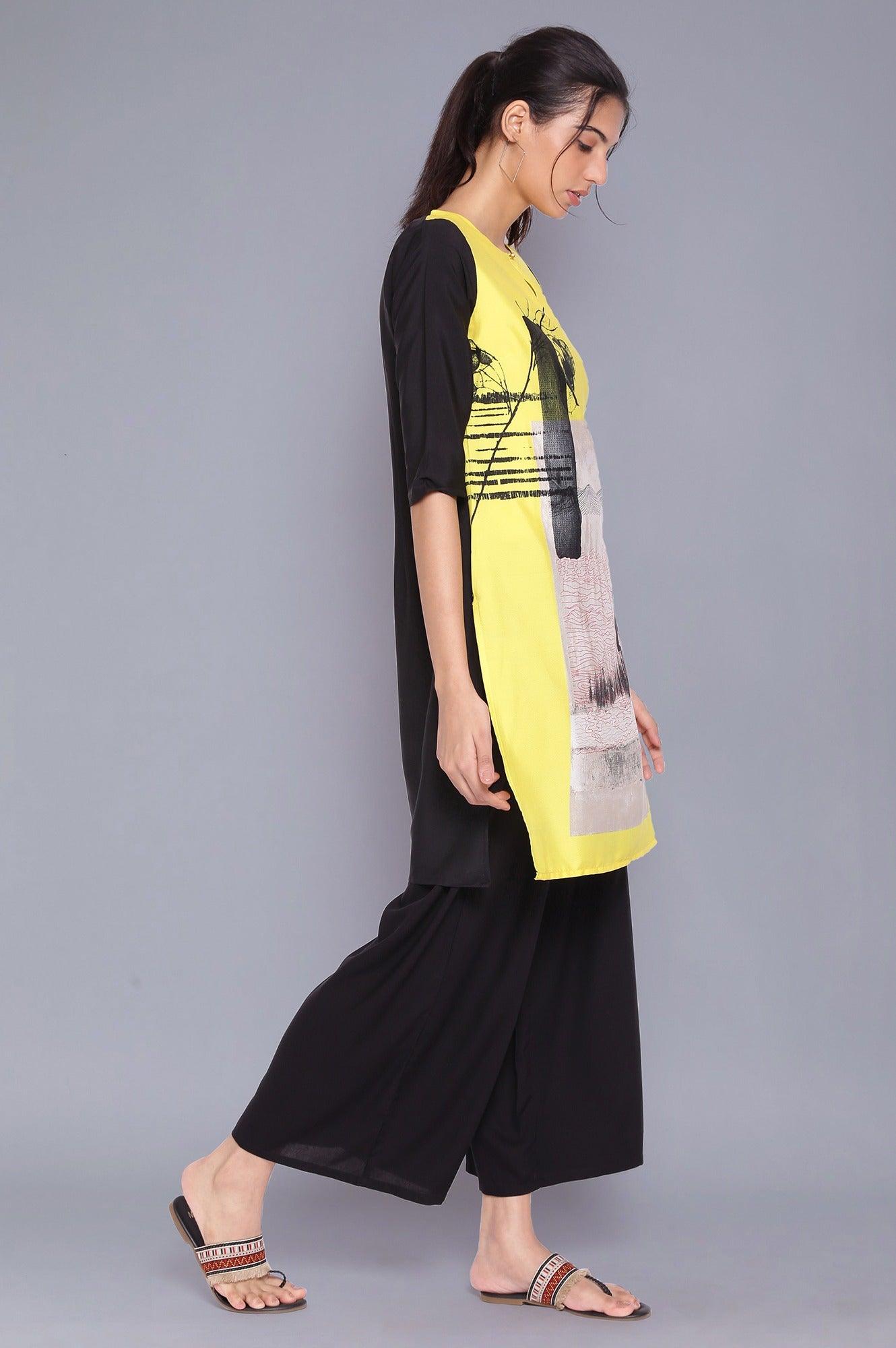 Yellow And Black Printed kurta- Black Parallel Pants Set - wforwoman